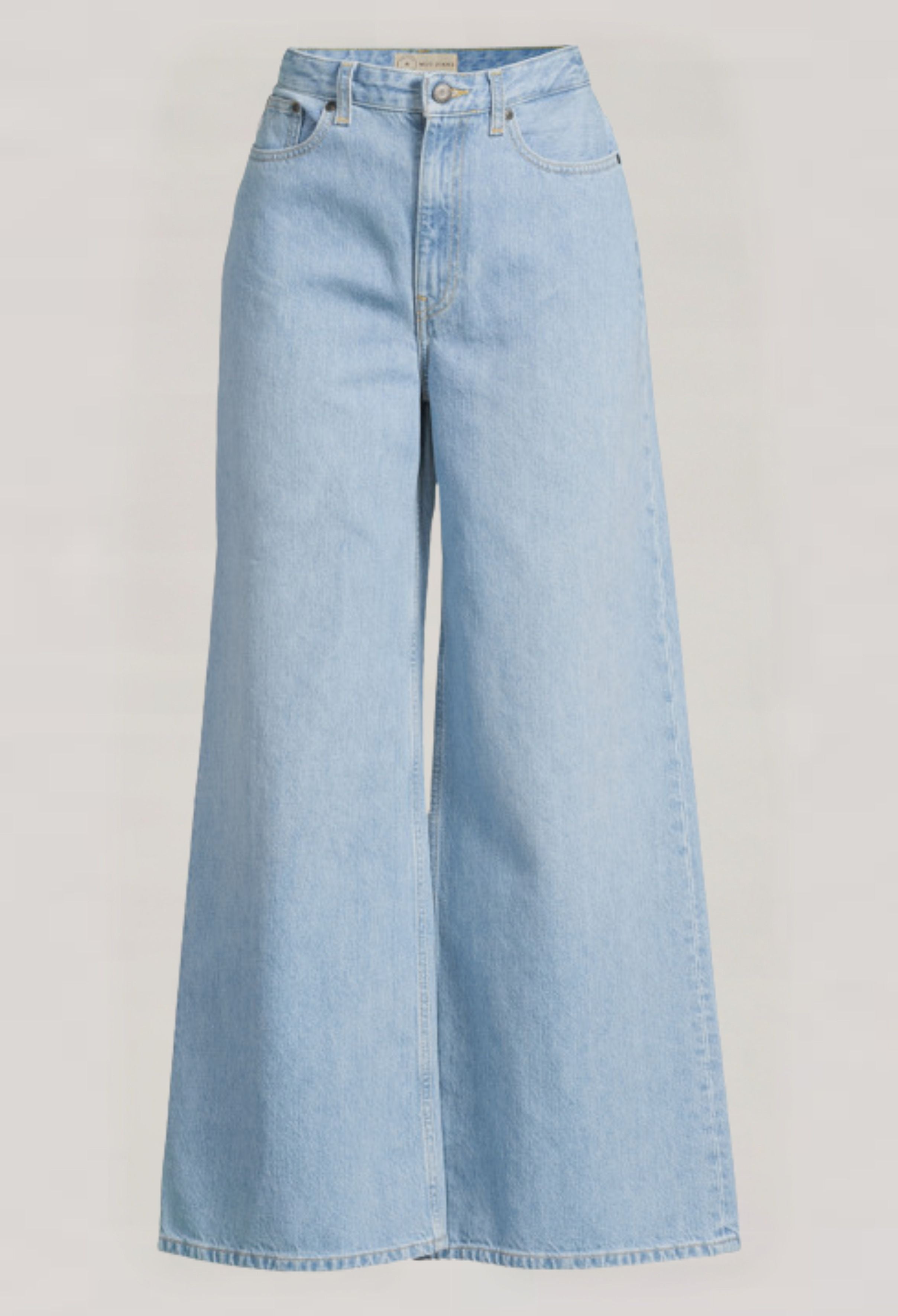 Light blue high-waisted wide-leg jeans made from soft denim, showcasing a classic five-pocket design and subtle stitching.
