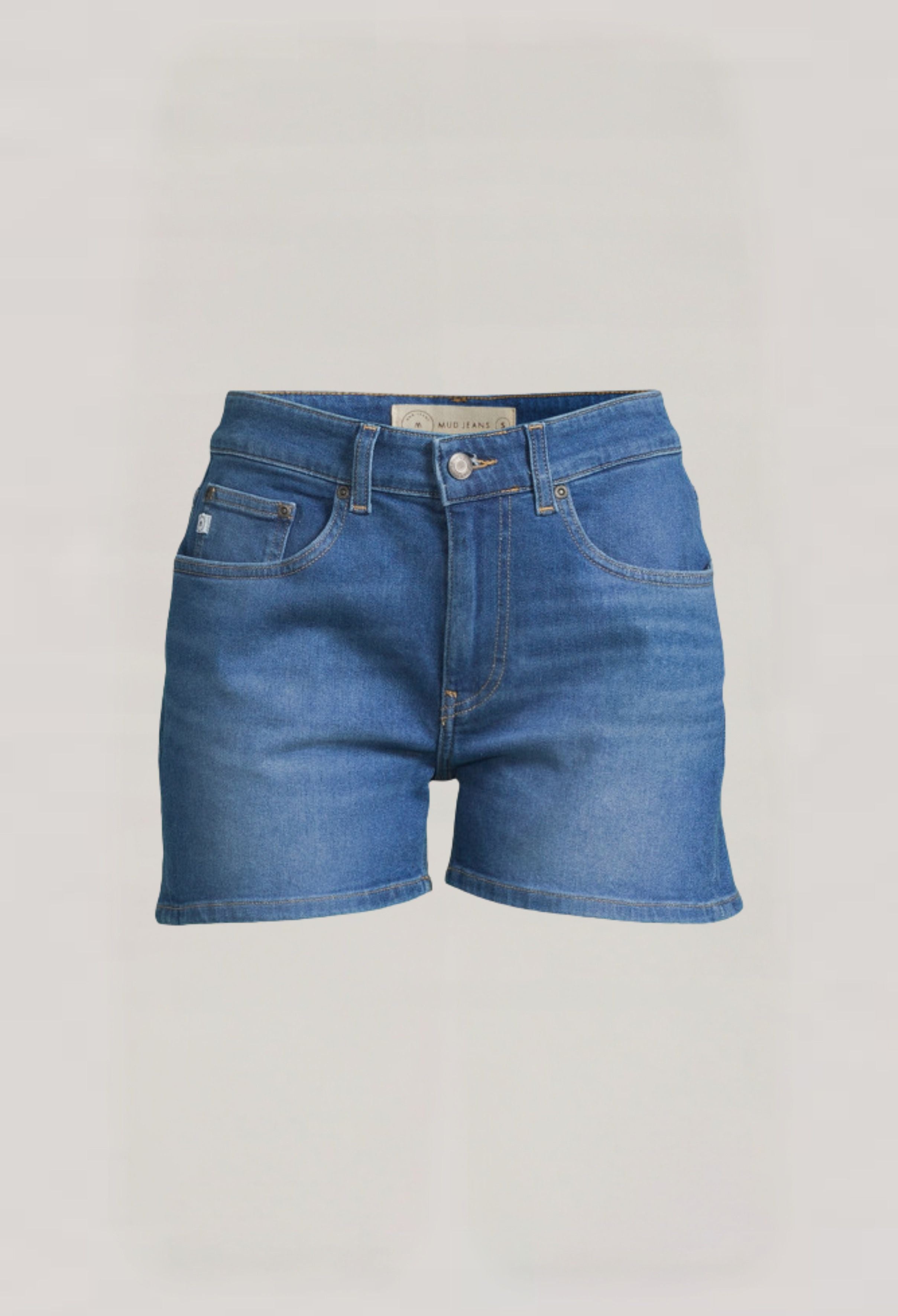 Casual blue denim shorts by MUD Jeans, featuring a classic five-pocket design and eco-friendly cotton fabric for sustainable wear.