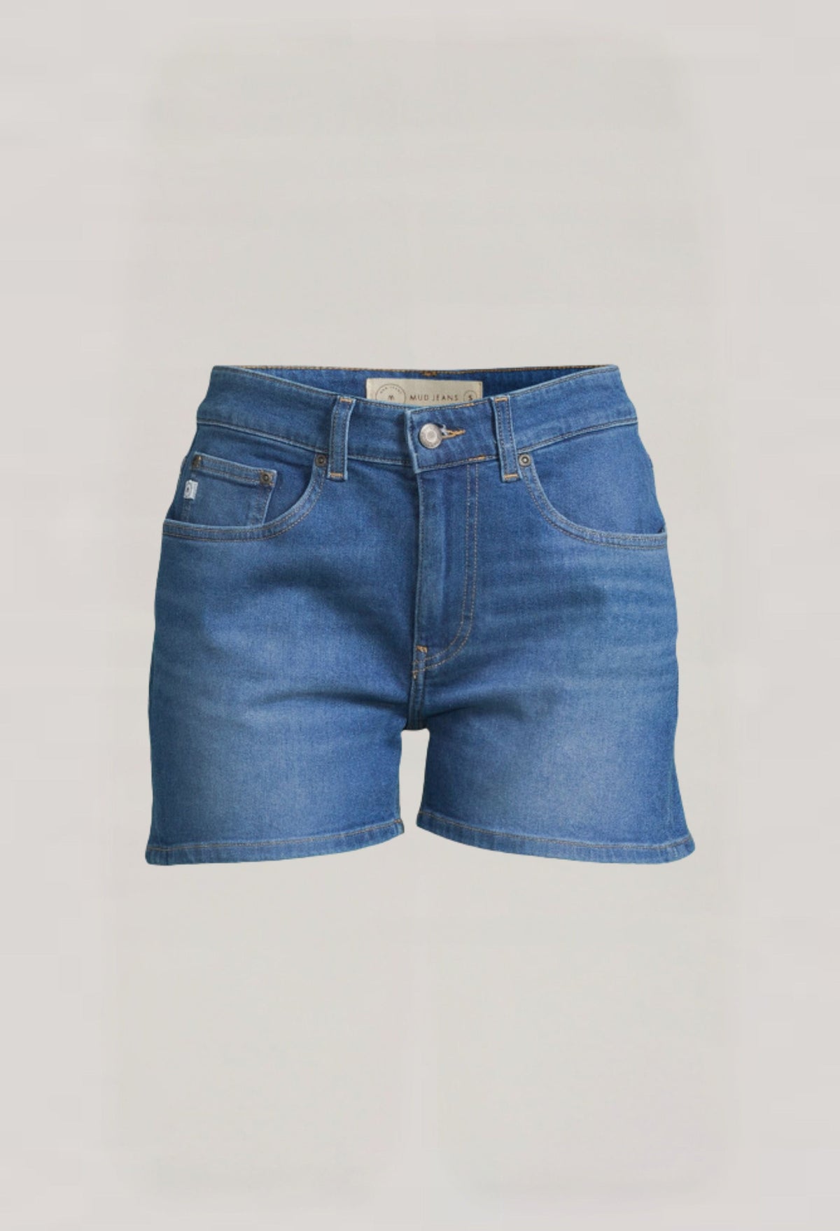 Casual blue denim shorts by MUD Jeans, featuring a classic five-pocket design and eco-friendly cotton fabric for sustainable wear.