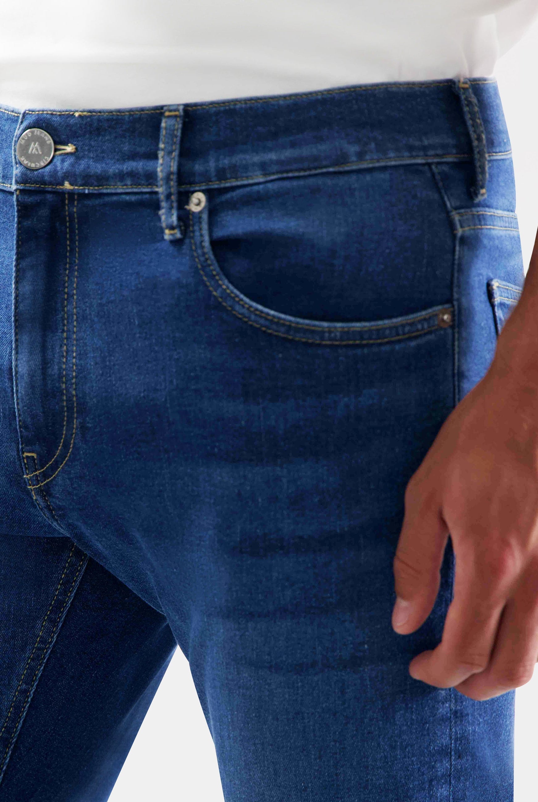 Sustainable MUD Jeans shirt crafted from organic cotton in blue denim, featuring a classic button-down design.