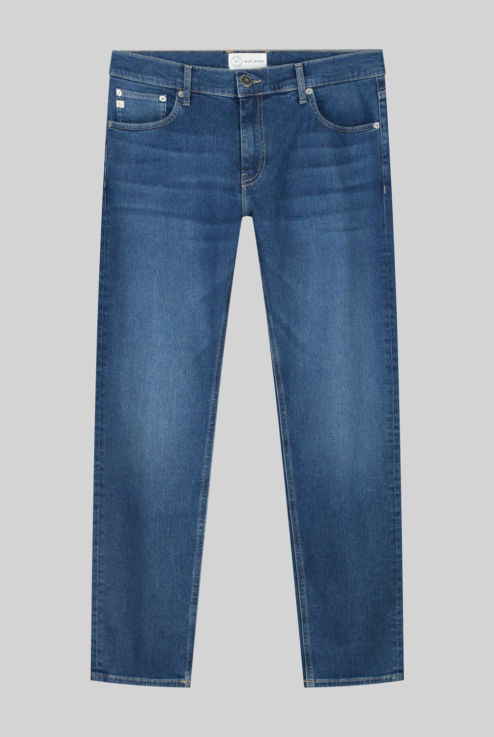 Sustainable MUD Jeans denim shirt in deep blue, crafted from organic cotton, featuring classic button-up design.