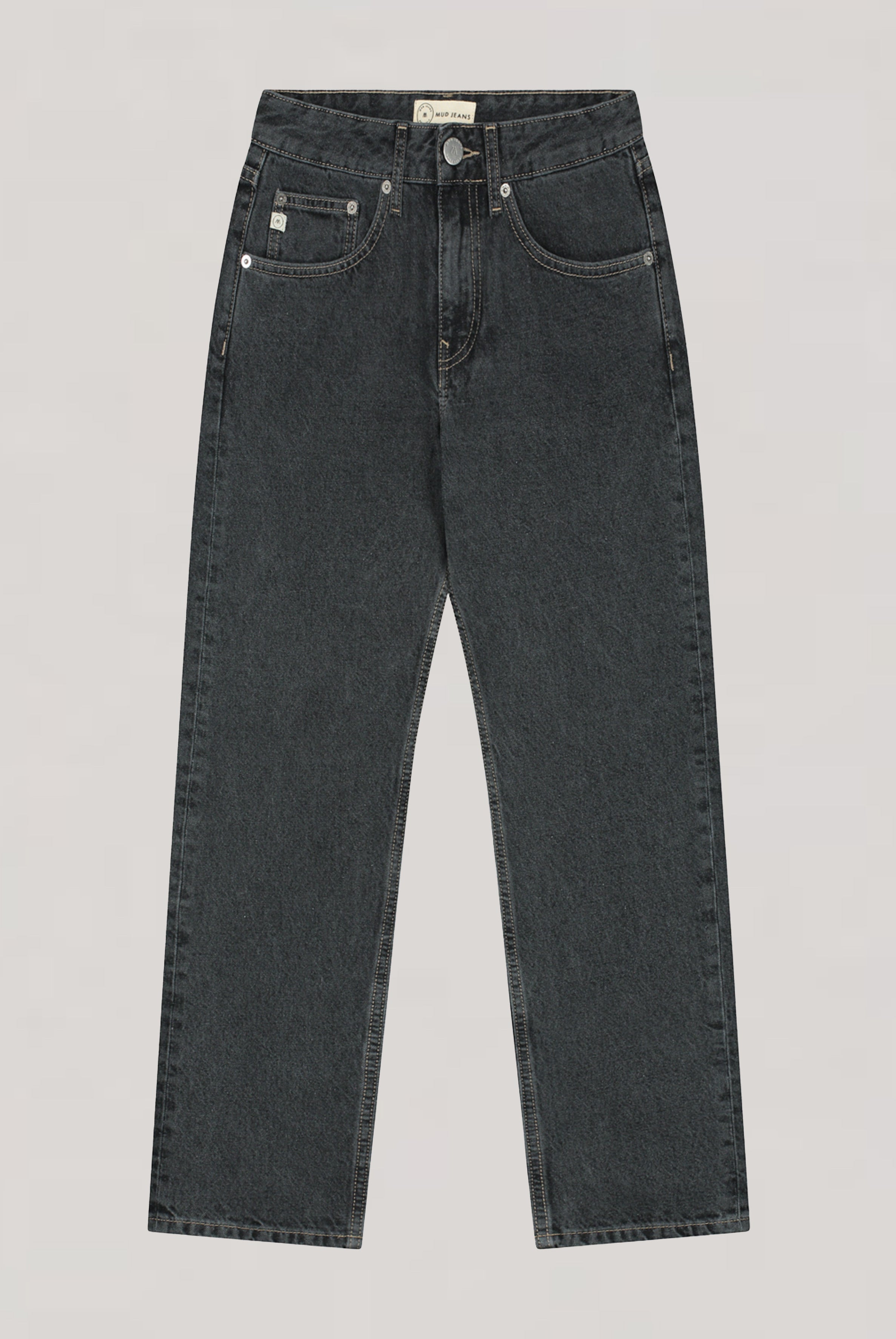 Black denim straight-leg jeans made from organic cotton, featuring five pockets and a classic high-waisted design.