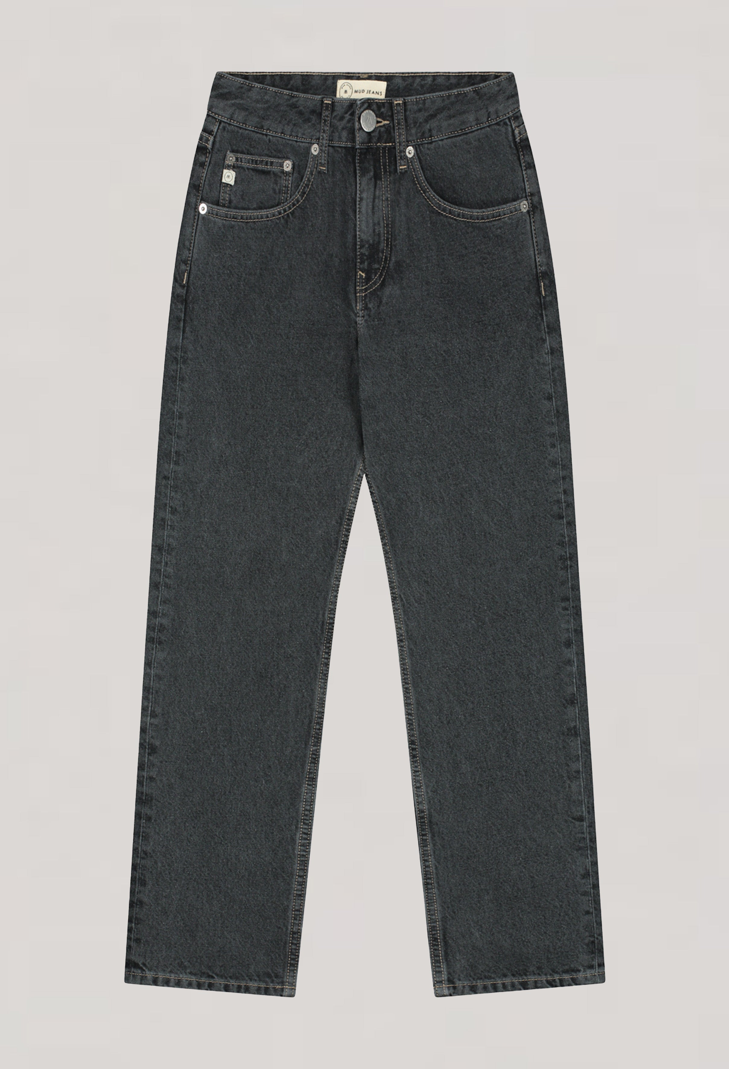 Black denim straight-leg jeans made from organic cotton, featuring five pockets and a classic high-waisted design.