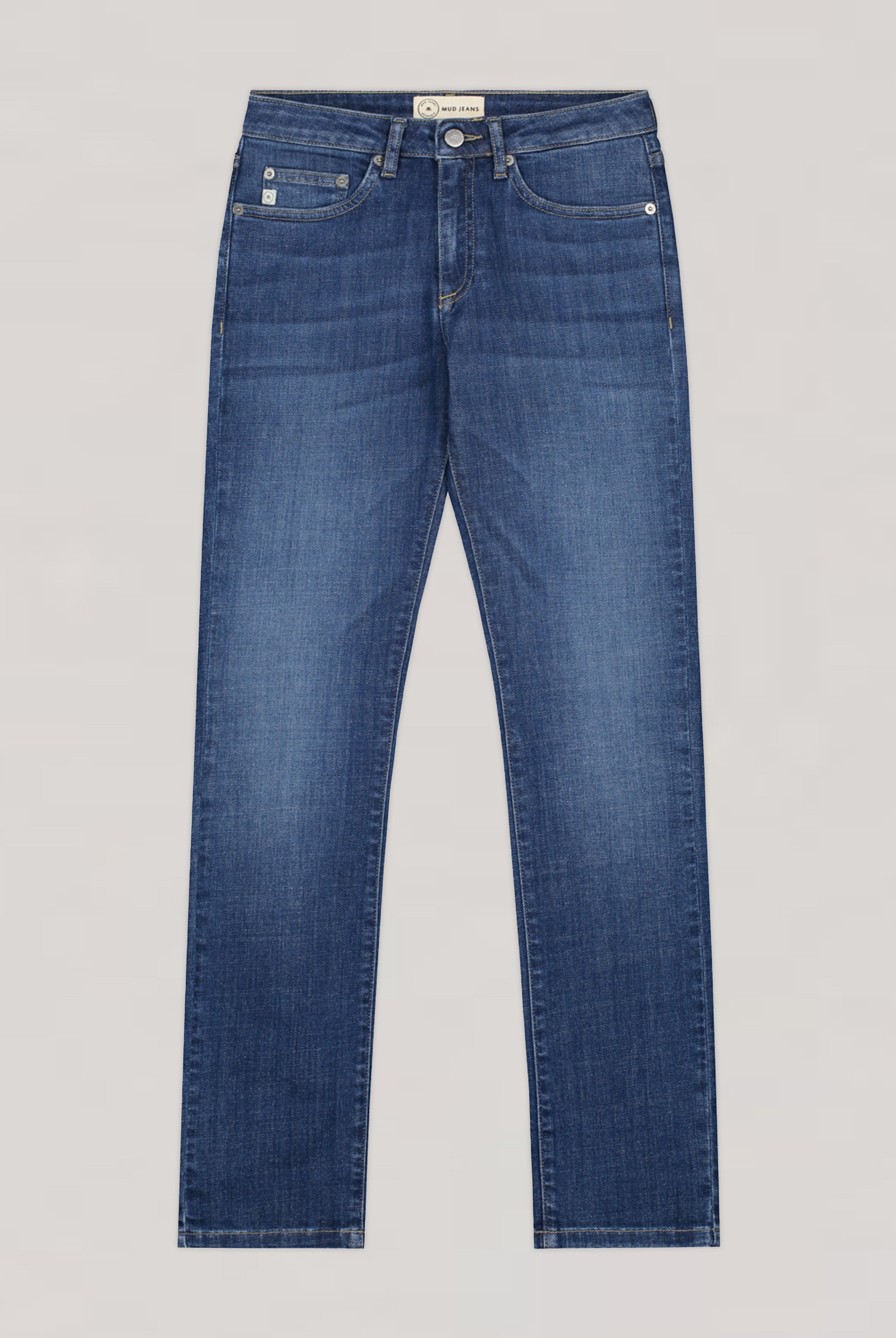 Classic blue denim jeans from MUD Jeans, featuring a straight-leg design and sustainable organic cotton material.