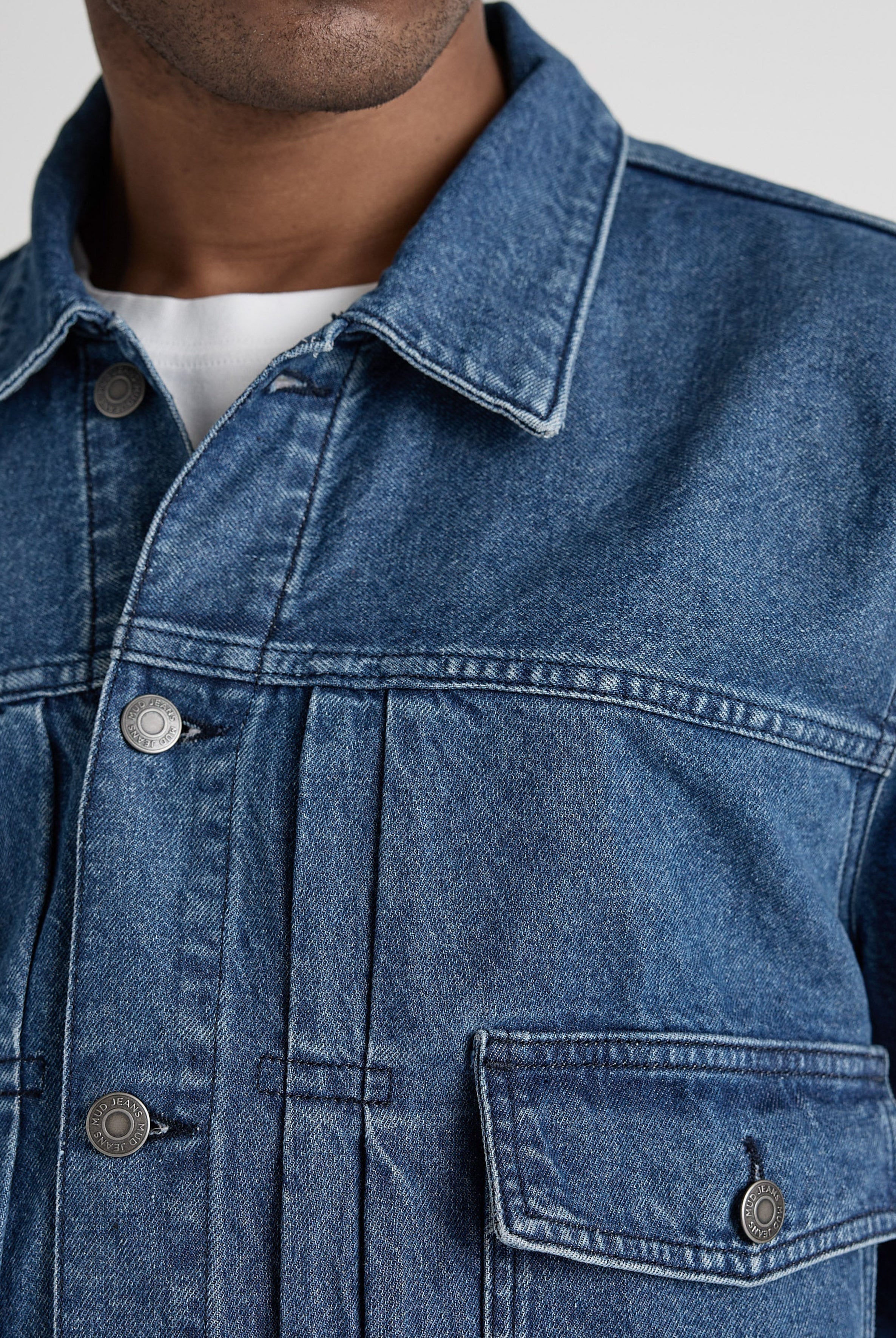 Sustainable MUD Jeans in light blue denim, crafted from organic cotton, showcasing ethical fashion with classic design.