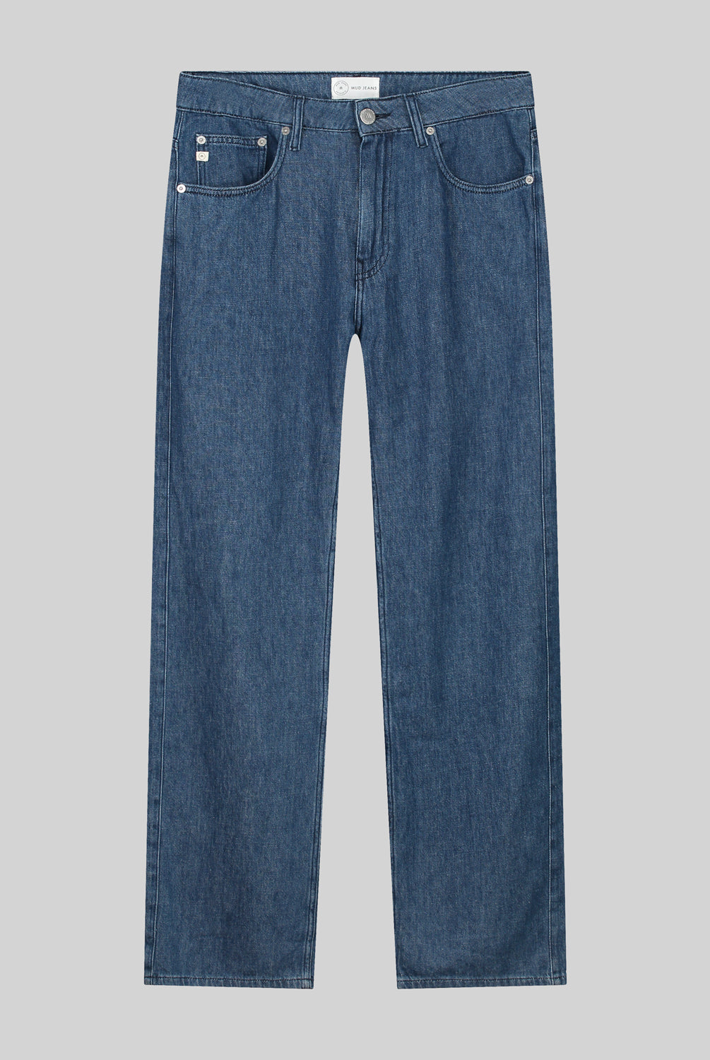Classic straight-leg blue jeans made from sustainable denim, showcasing a contemporary fit and button closure.