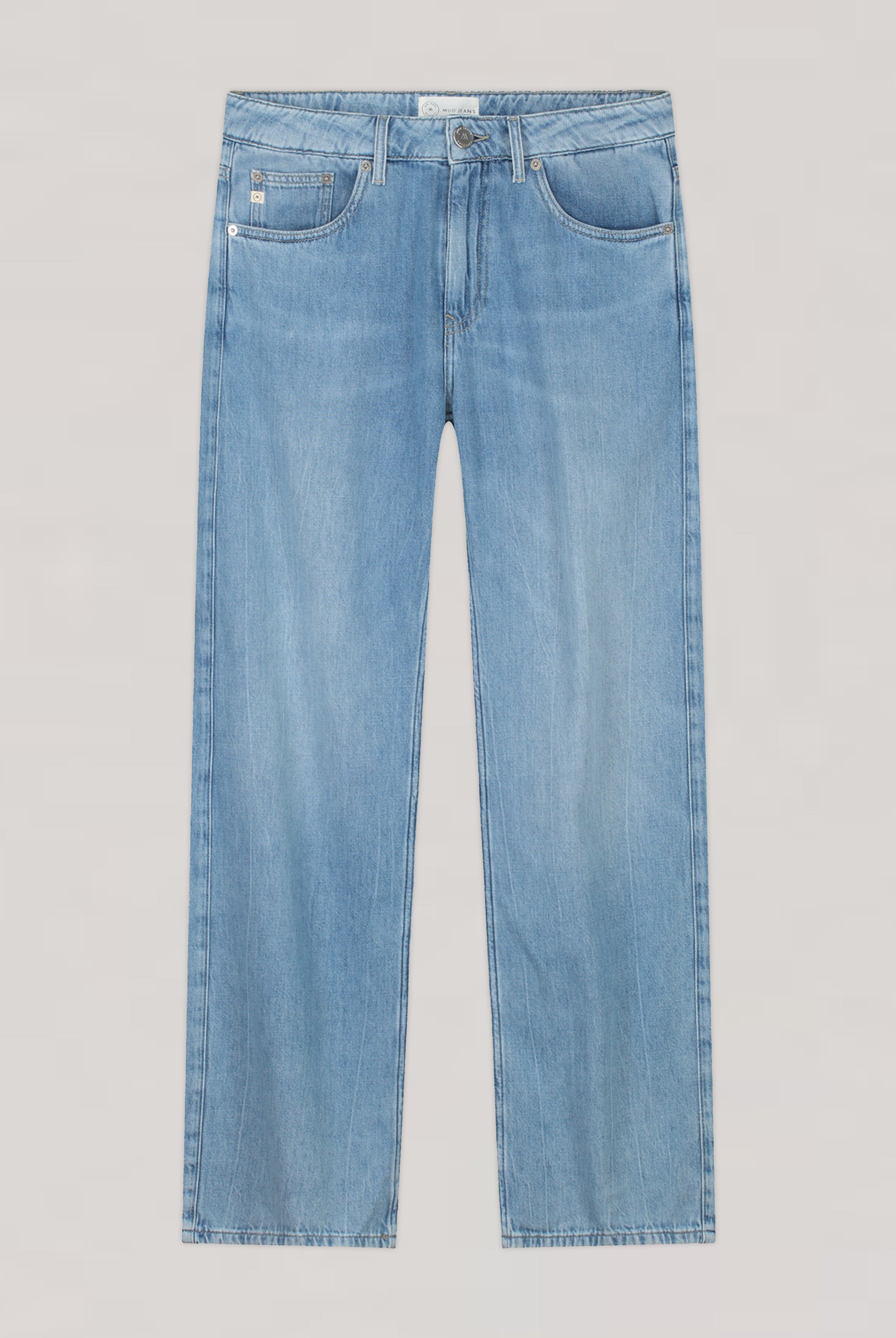 Light blue, straight-leg denim jeans featuring a classic five-pocket design, button closure, and a subtle washed texture.