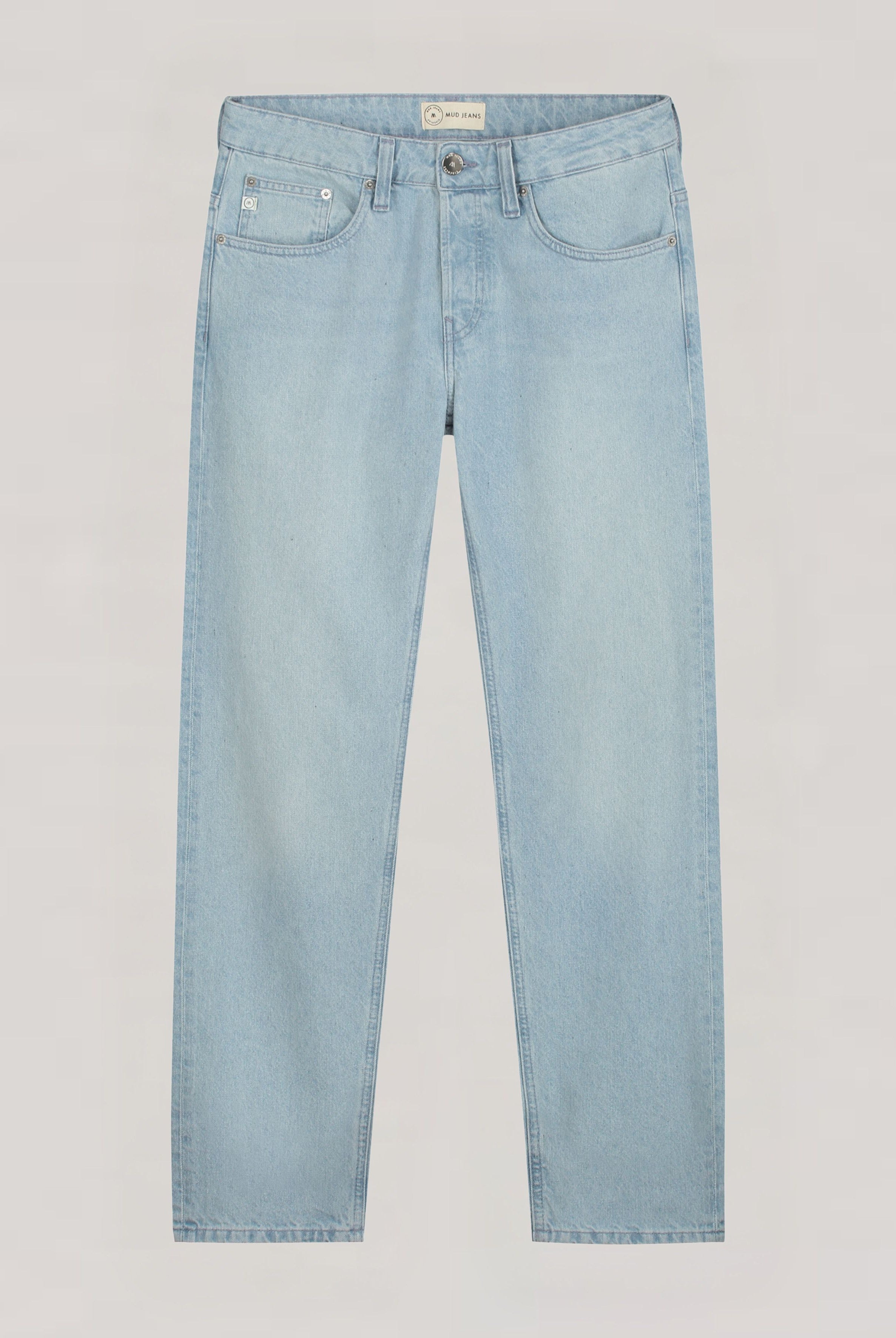 Sustainable MUD Jeans in light blue denim, crafted ethically from organic cotton, showcasing rear view with label detail.