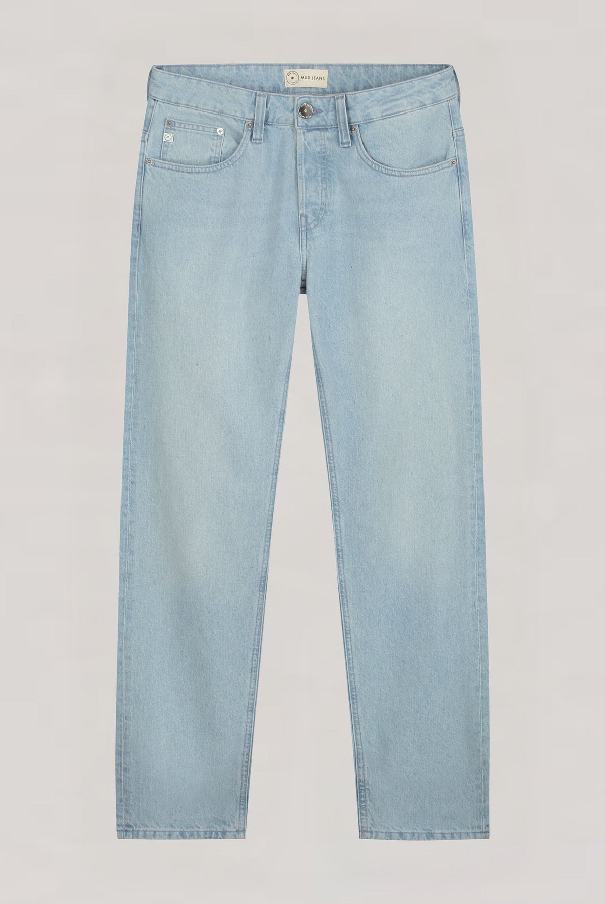 Sustainable MUD Jeans in light blue denim, crafted ethically from organic cotton, showcasing rear view with label detail.