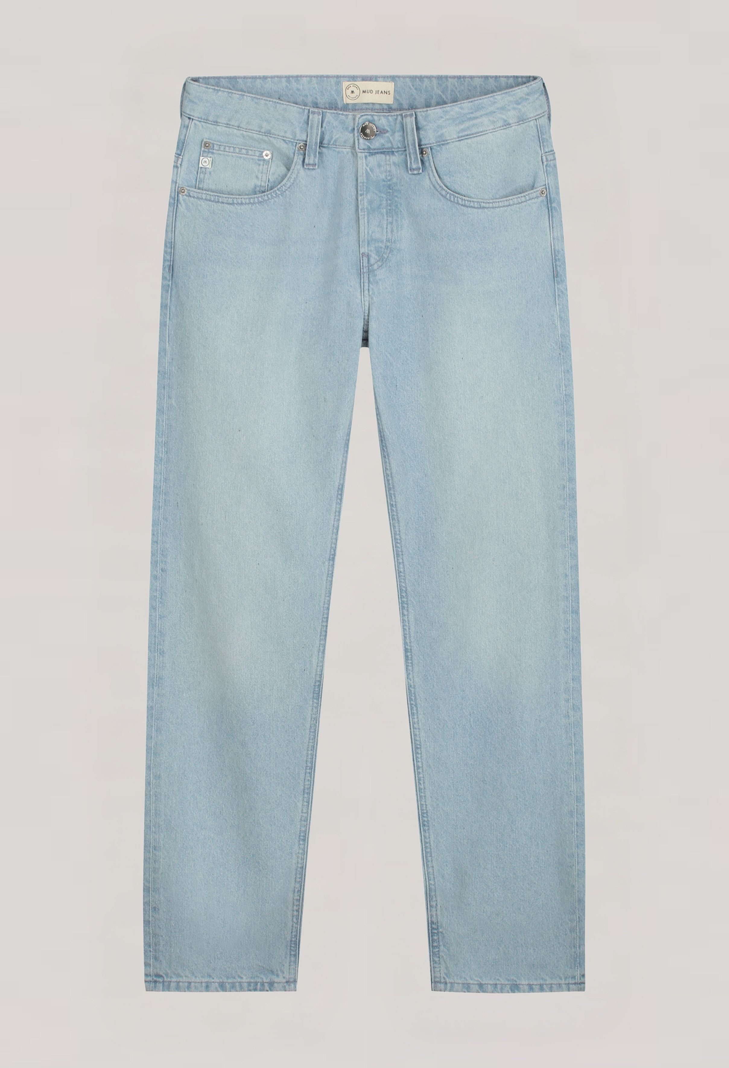 Sustainable MUD Jeans in light blue denim, crafted ethically from organic cotton, showcasing rear view with label detail.