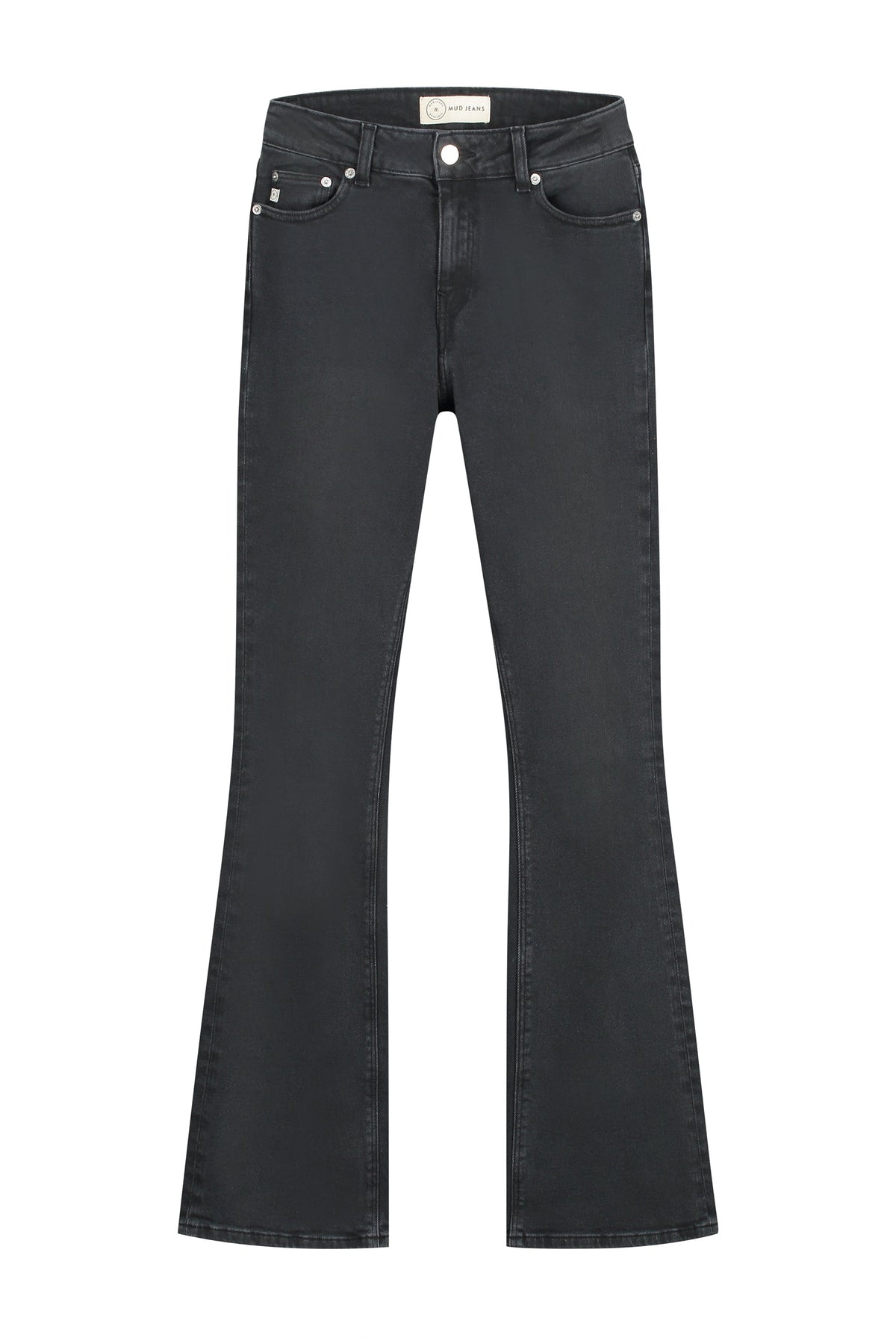Stylish black flare jeans with a high-rise waist, featuring a classic five-pocket design, perfect for versatile fashion looks.