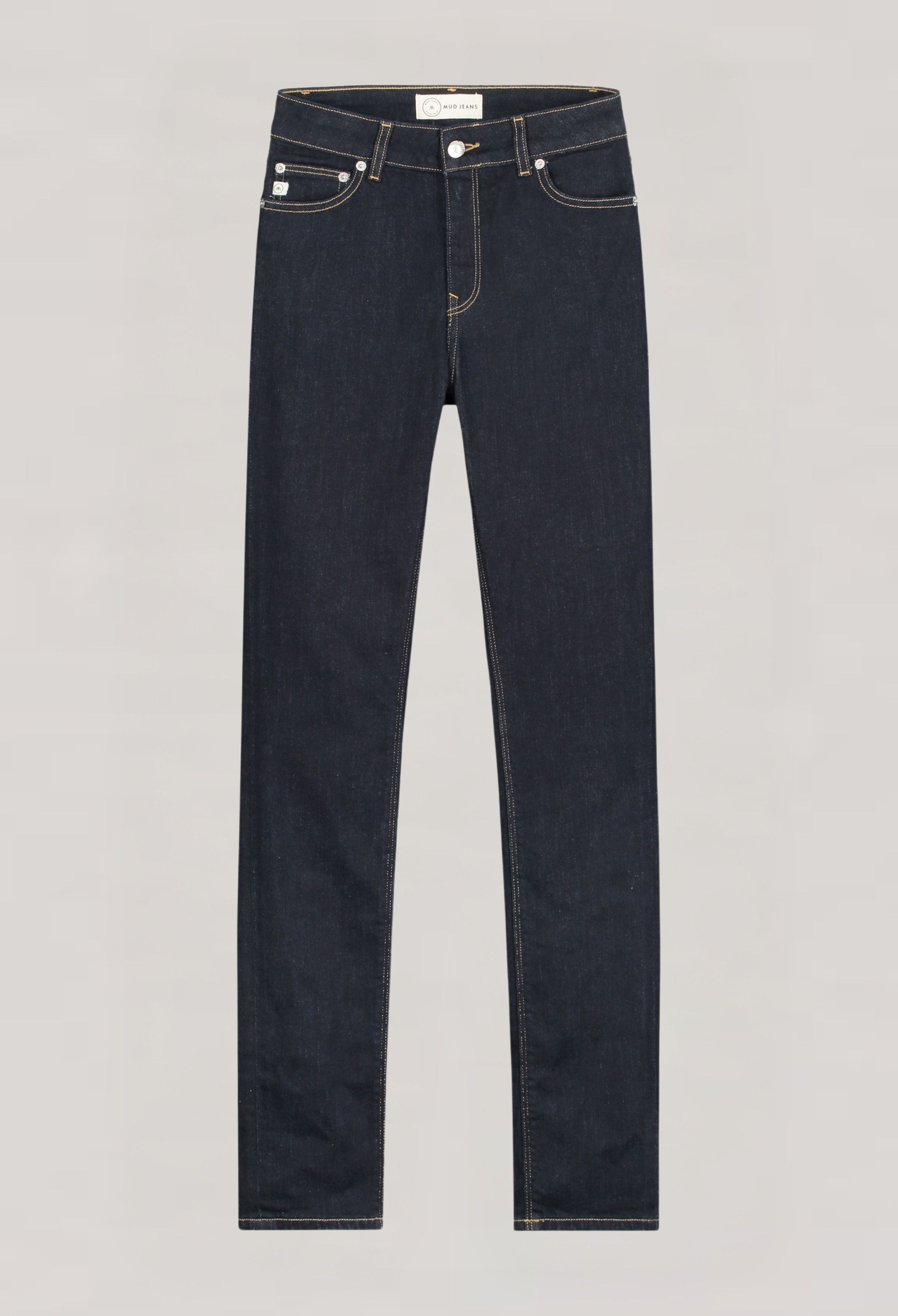 Dark indigo slim-fit jeans with exposed button closure, featuring classic five-pocket design and contrast stitching.