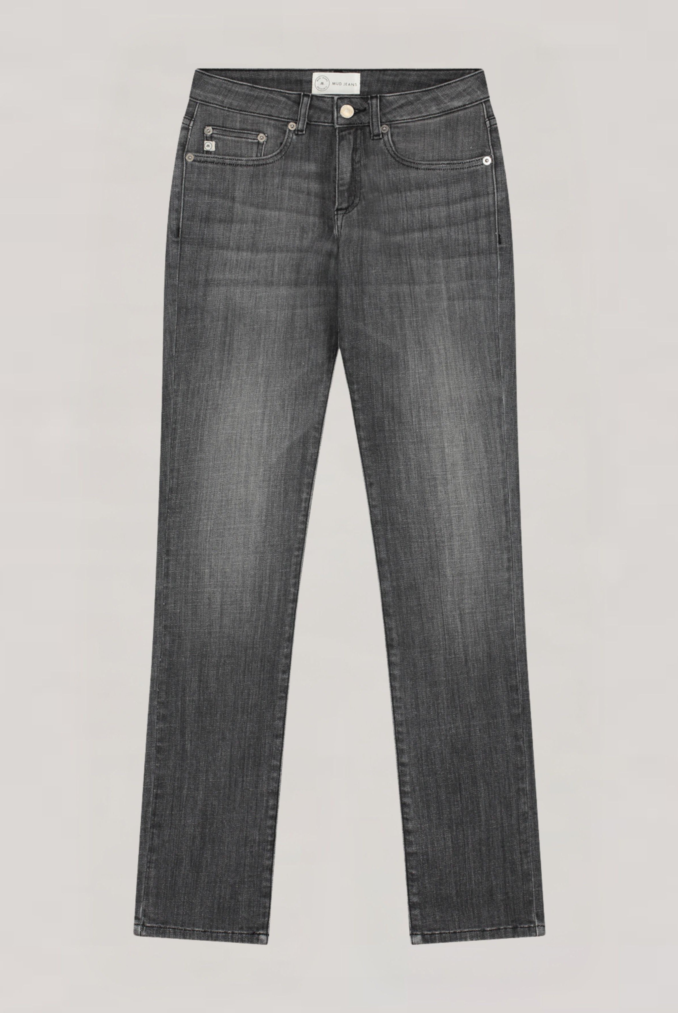 Dark gray straight-leg jeans with a subtle faded texture, featuring a classic five-pocket design and durable stitching.