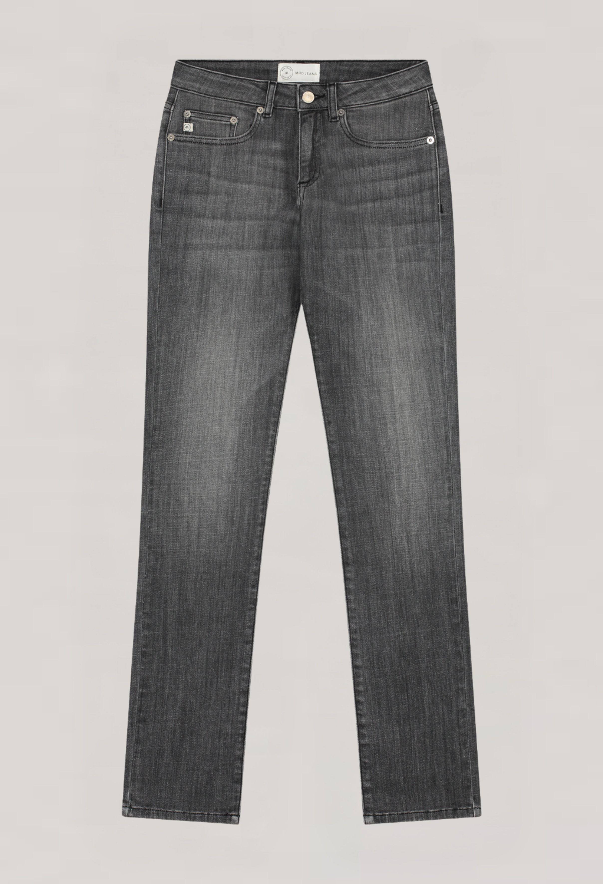 Dark gray straight-leg jeans with a subtle faded texture, featuring a classic five-pocket design and durable stitching.