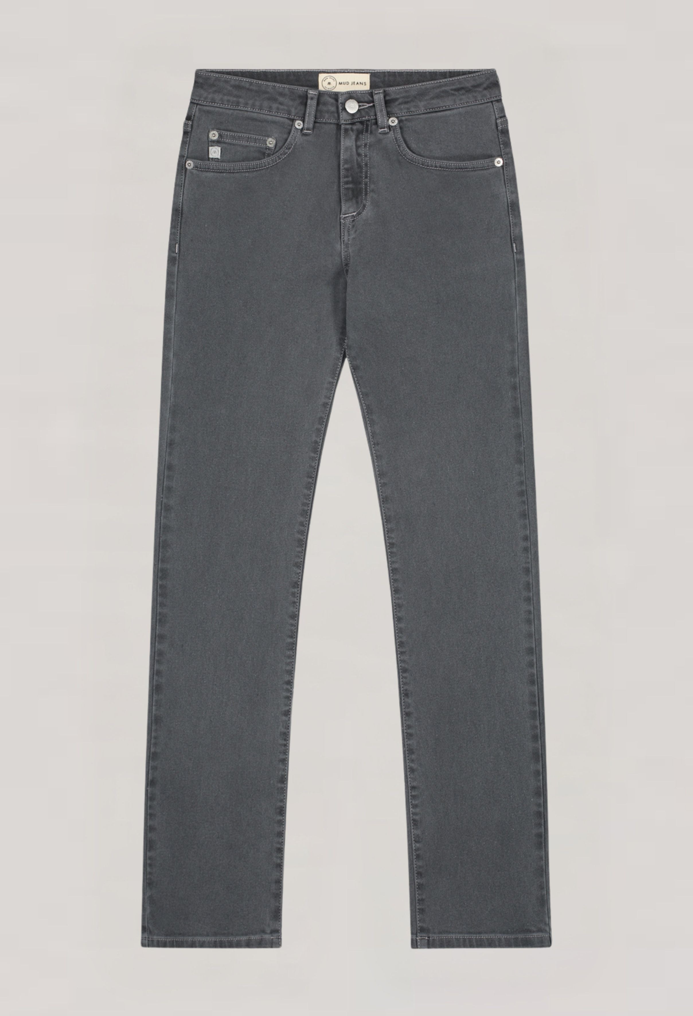Dark gray MUD Jeans made from organic cotton, featuring a classic straight-leg fit with button closure and subtle stitching.