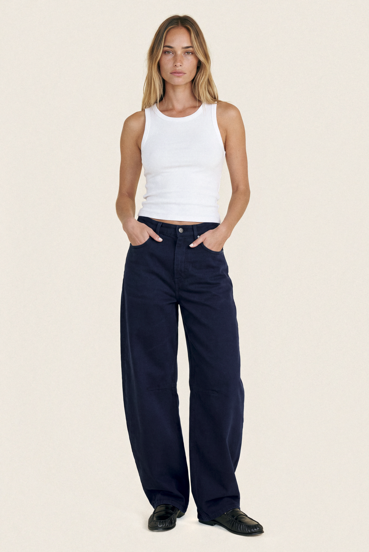 Demi High Balloon Deep Ink – full body front with tank top