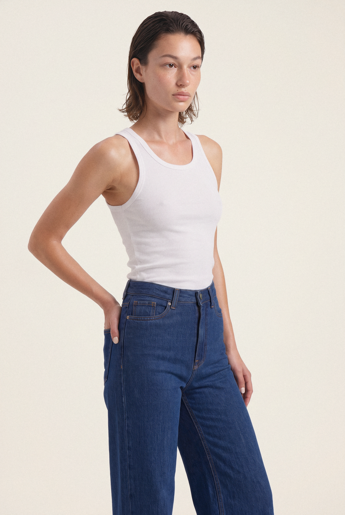 Sara High Loose Flow Stone Indigo – front 3/4 view