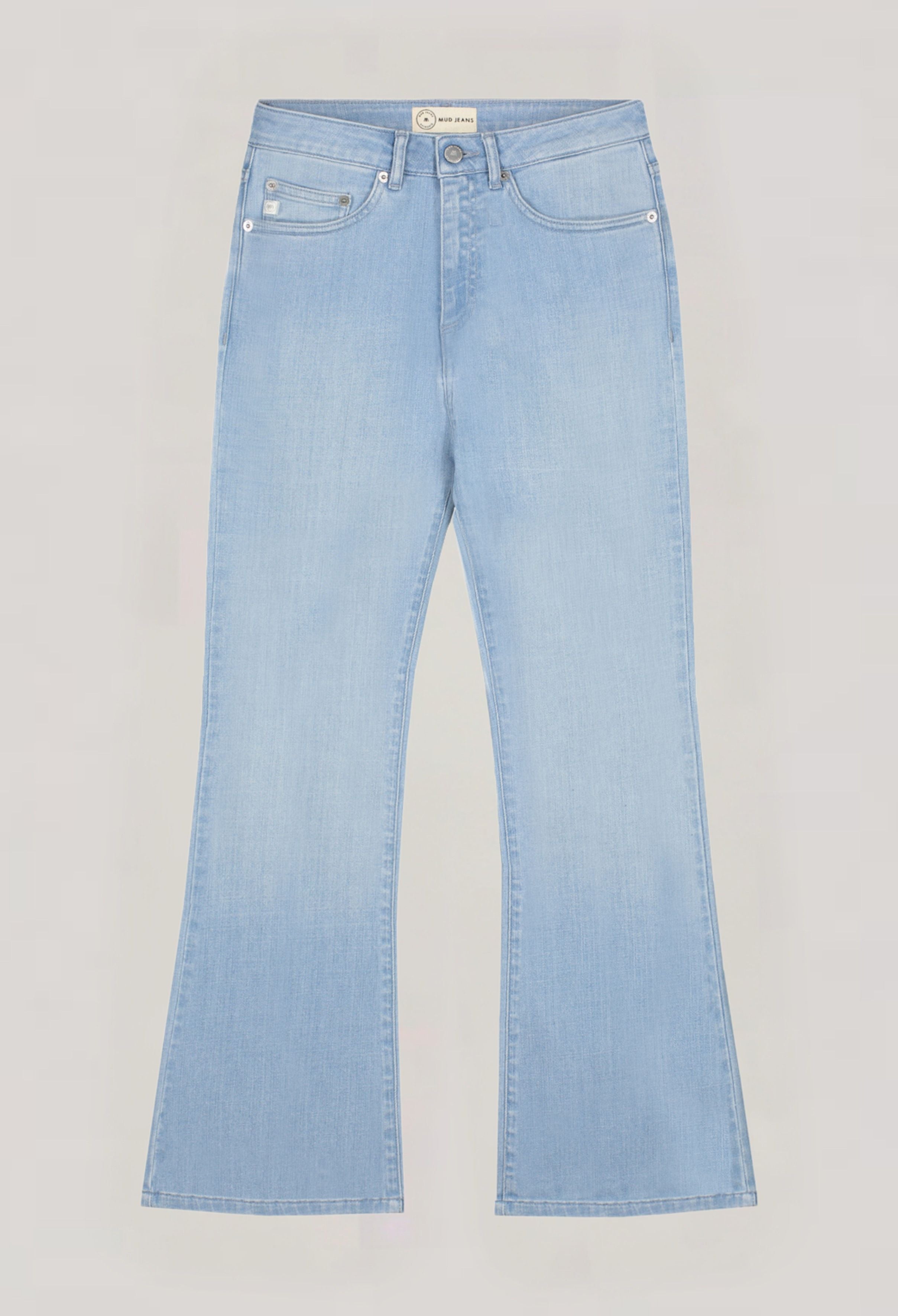 Light blue flared jeans from MUD Jeans, featuring sustainable organic cotton fabric and classic five-pocket design.