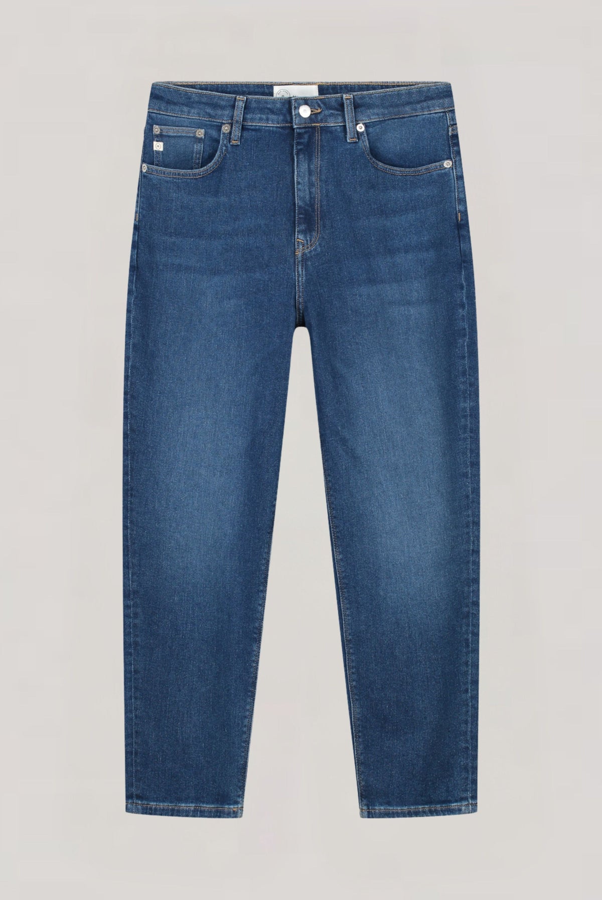 Classic blue denim jeans with a straight-leg cut, featuring a high waist and five-pocket design against a plain background.