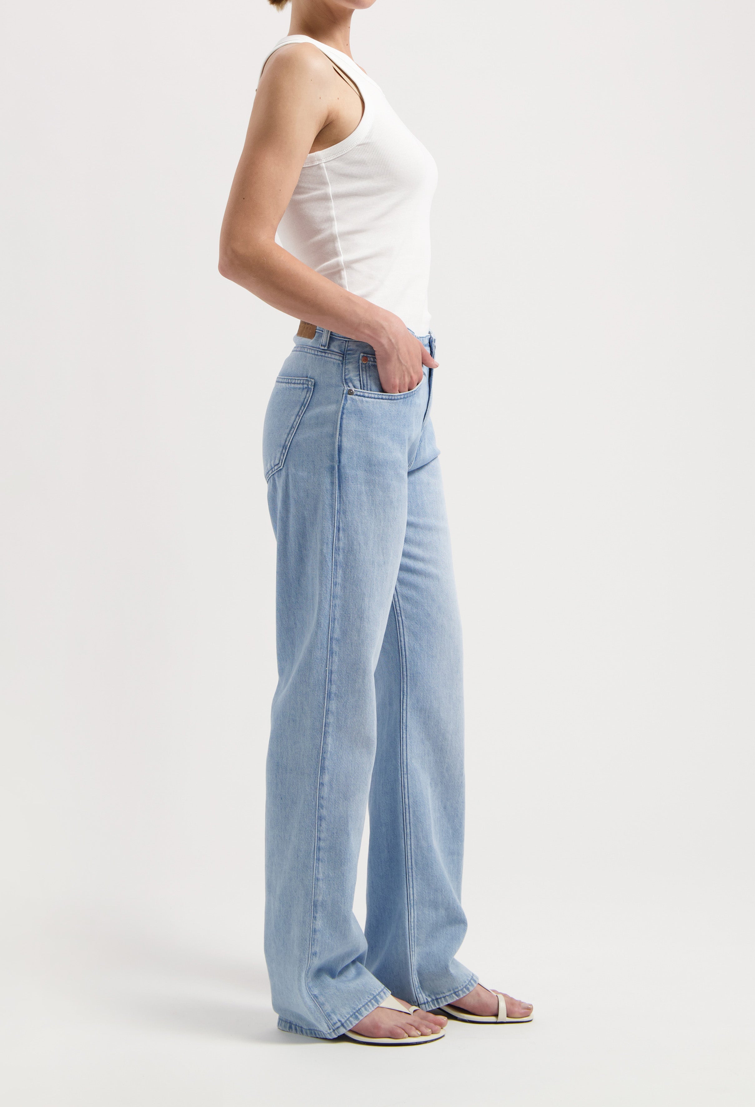 Light blue, high-waisted denim jeans in a straight-leg style paired with a white sleeveless top and white sandals.