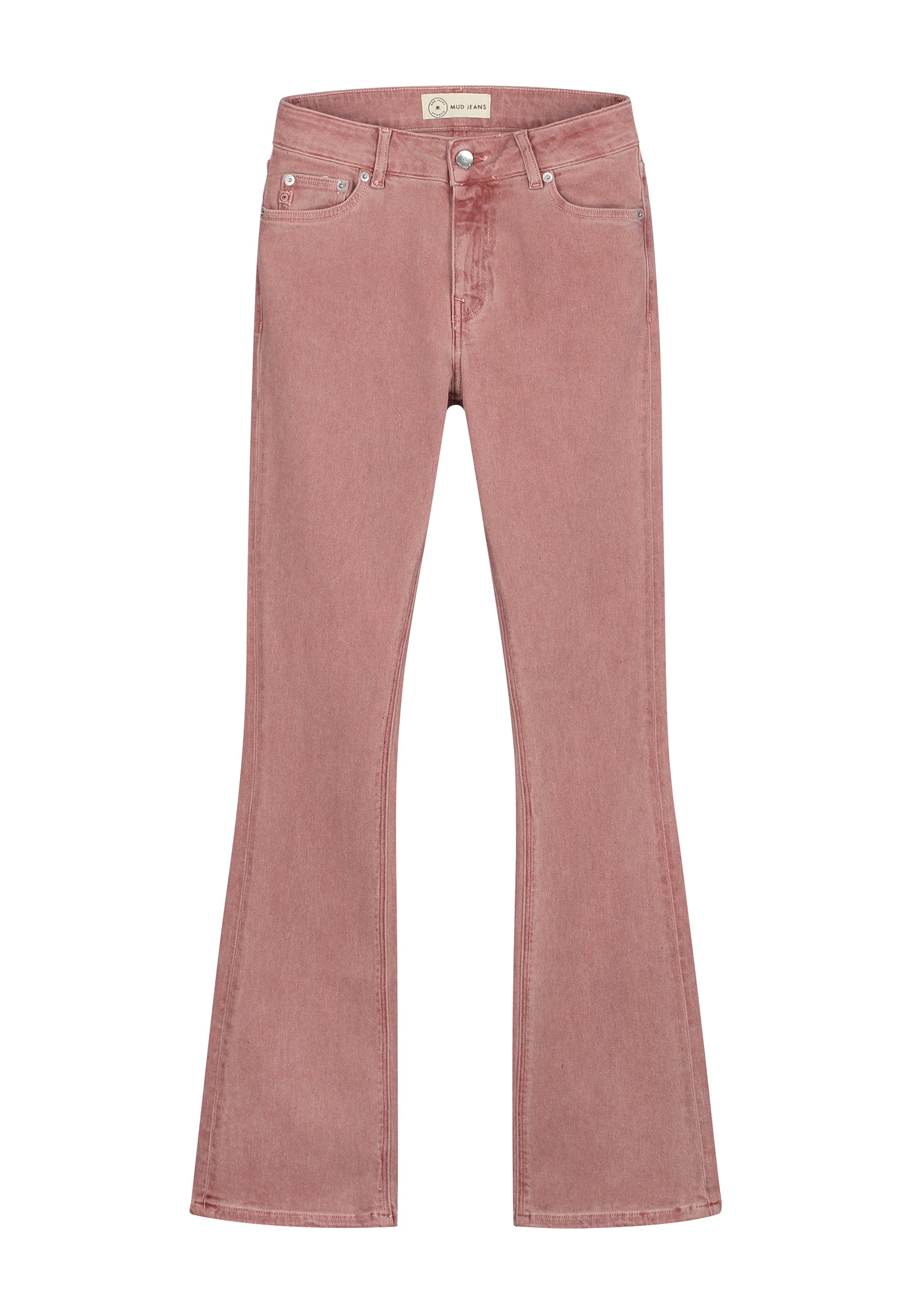 Flared jeans in dusty pink, made from organic cotton, showcasing a classic five-pocket design and button closure.