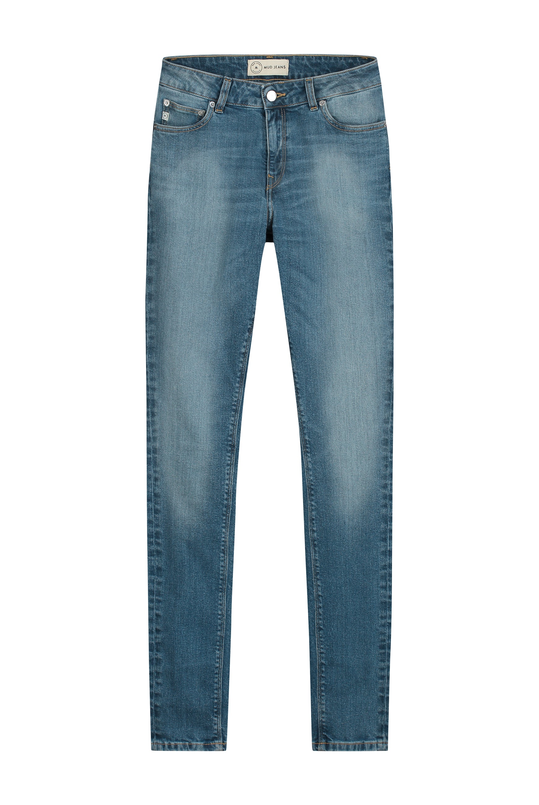 Classic blue denim jeans made from organic cotton, showcasing a slim-fit cut with subtle fading and full-length design.