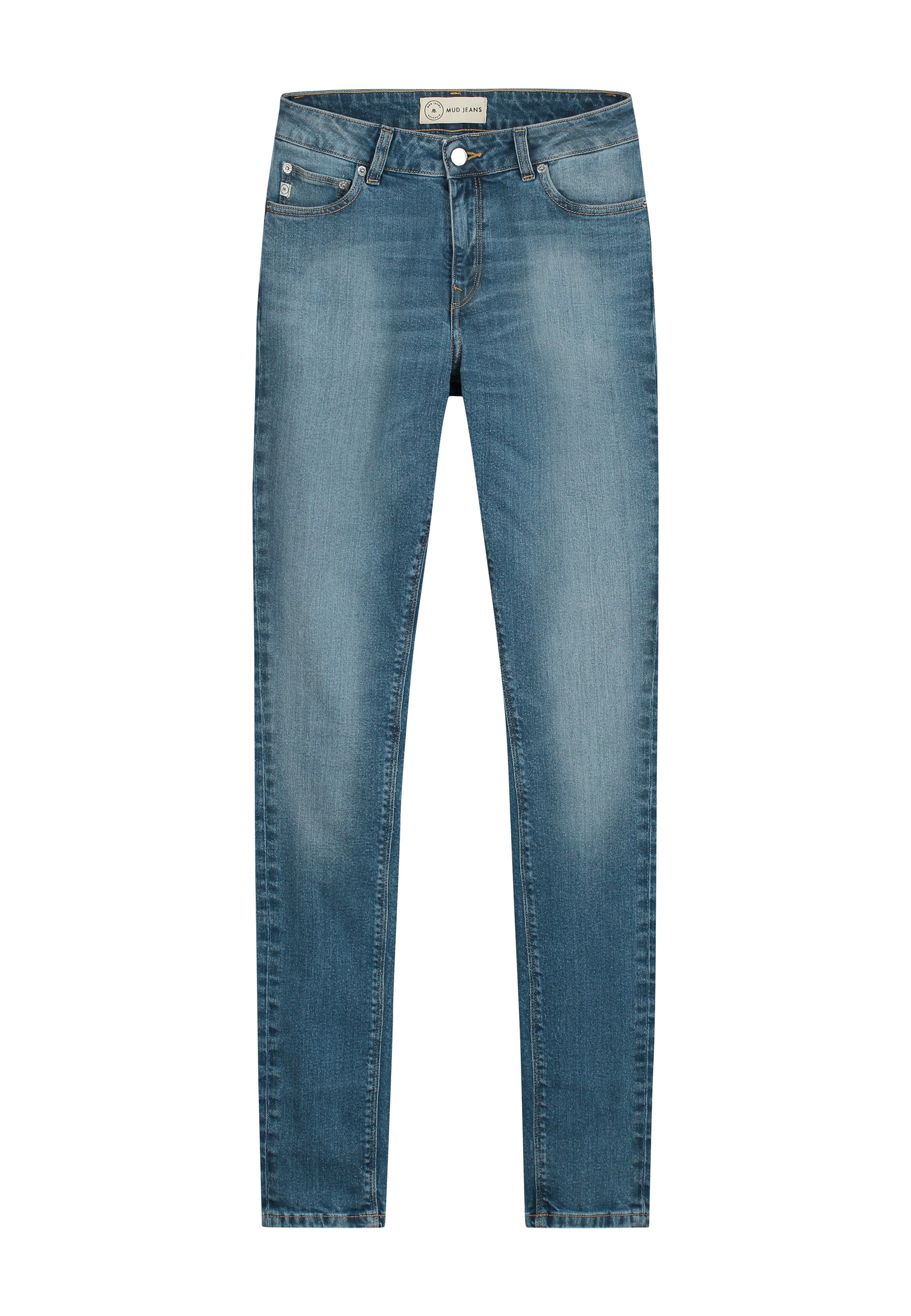Classic blue denim jeans made from organic cotton, showcasing a slim-fit cut with subtle fading and full-length design.