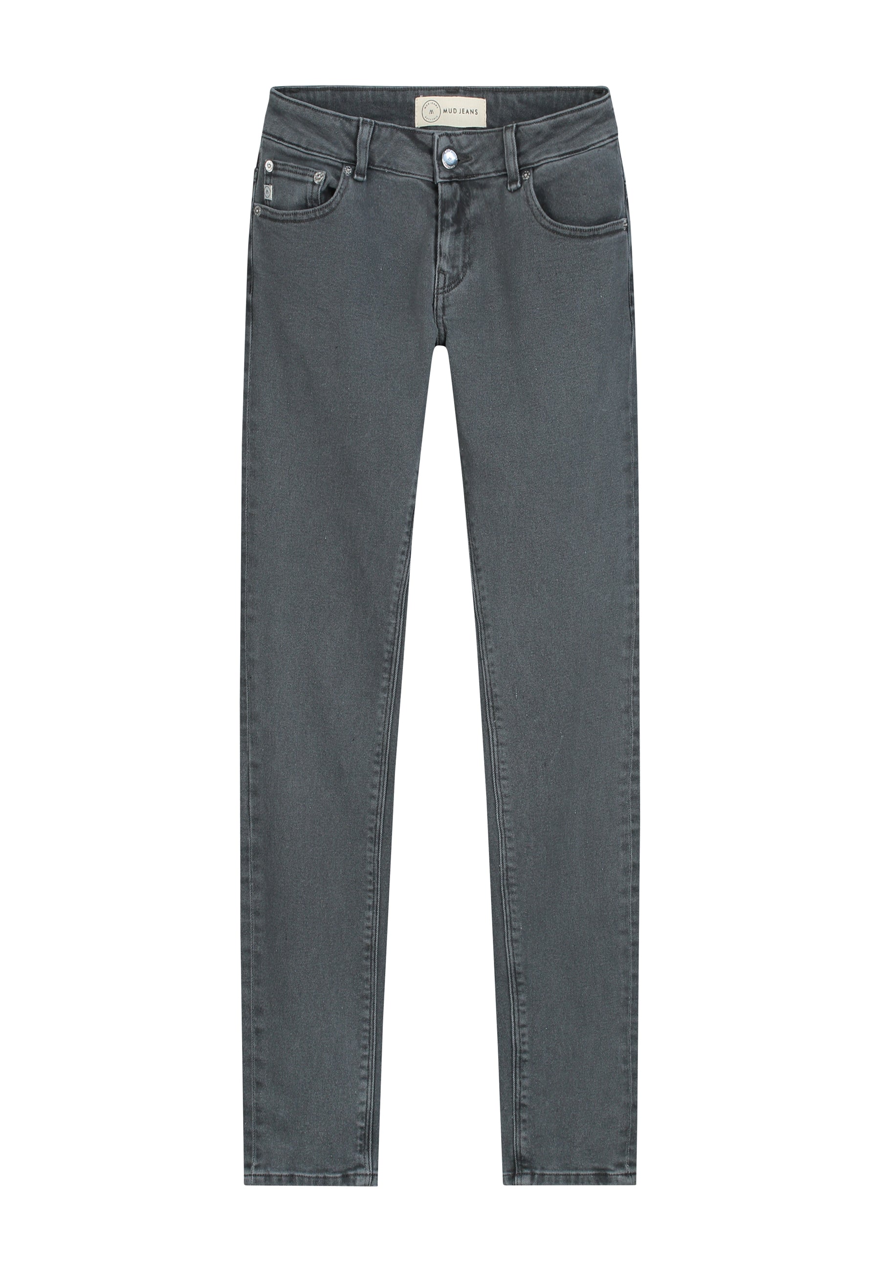Gray MUD Jeans made from organic cotton, showing a pair of slim-fit denim jeans with front pockets and belt loops.