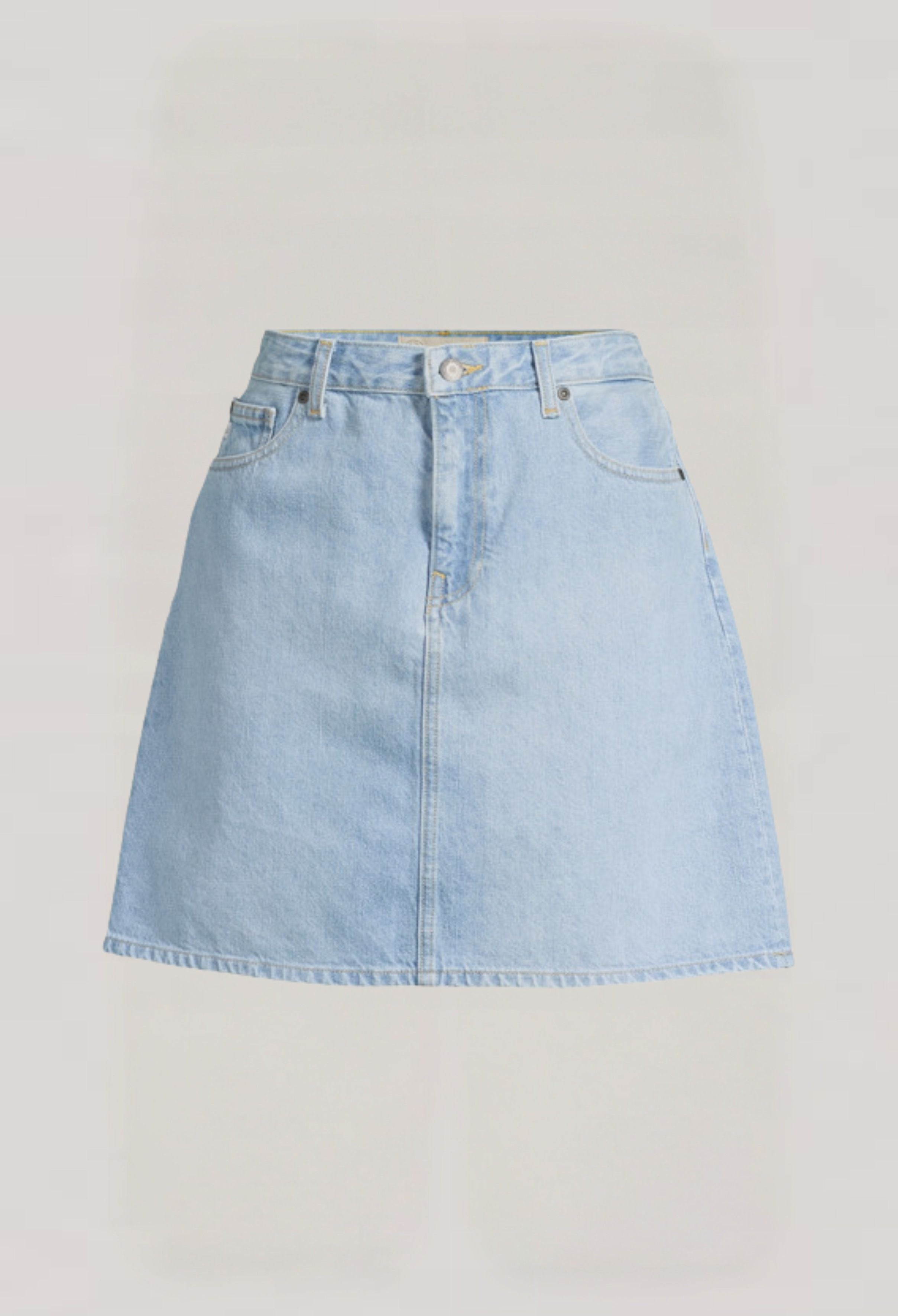 Light blue denim skirt with classic five-pocket design, high waist, and button closure on a white background.