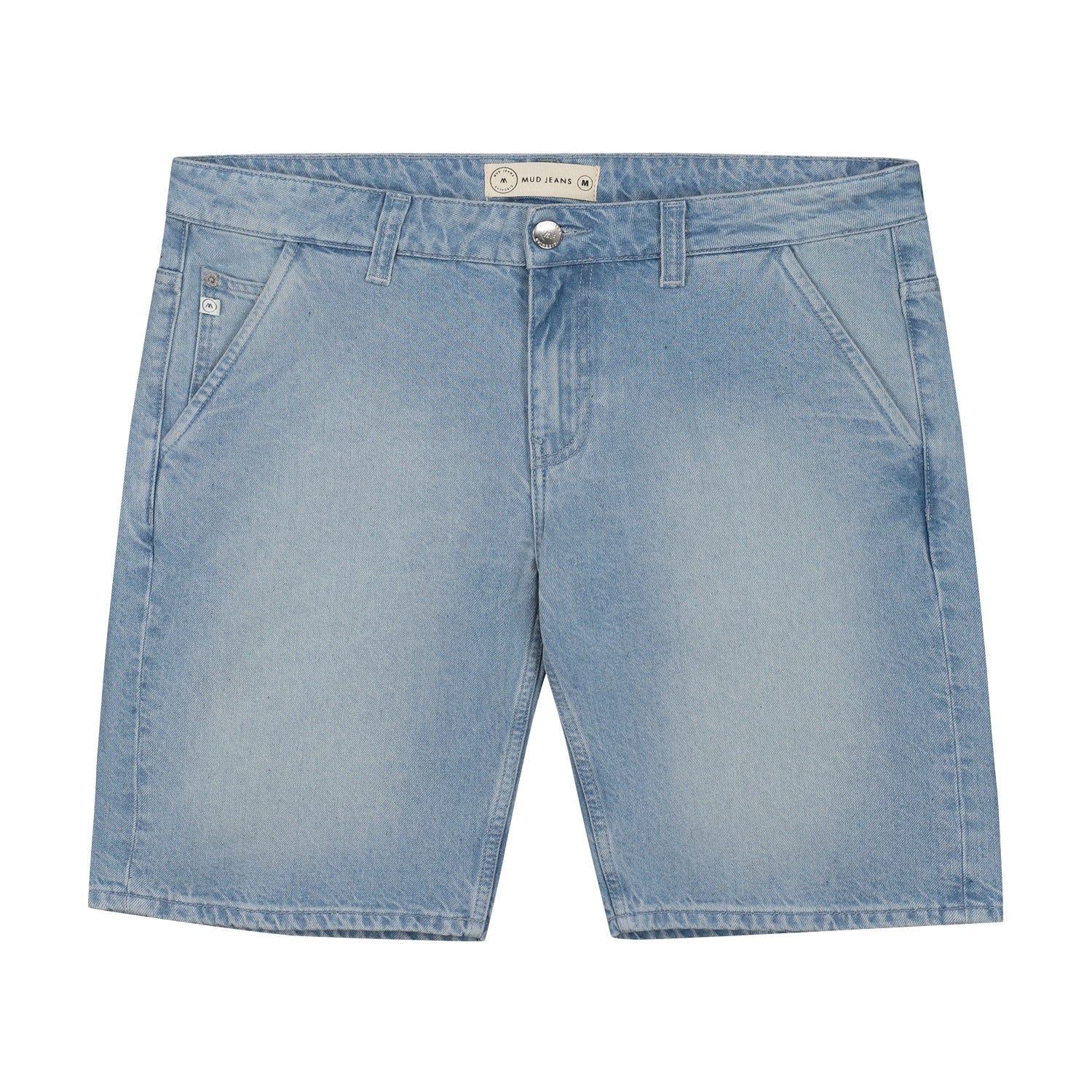 Sustainable MUD Jeans shorts crafted from light blue denim, showcasing an ethical, eco-friendly design for casual wear.