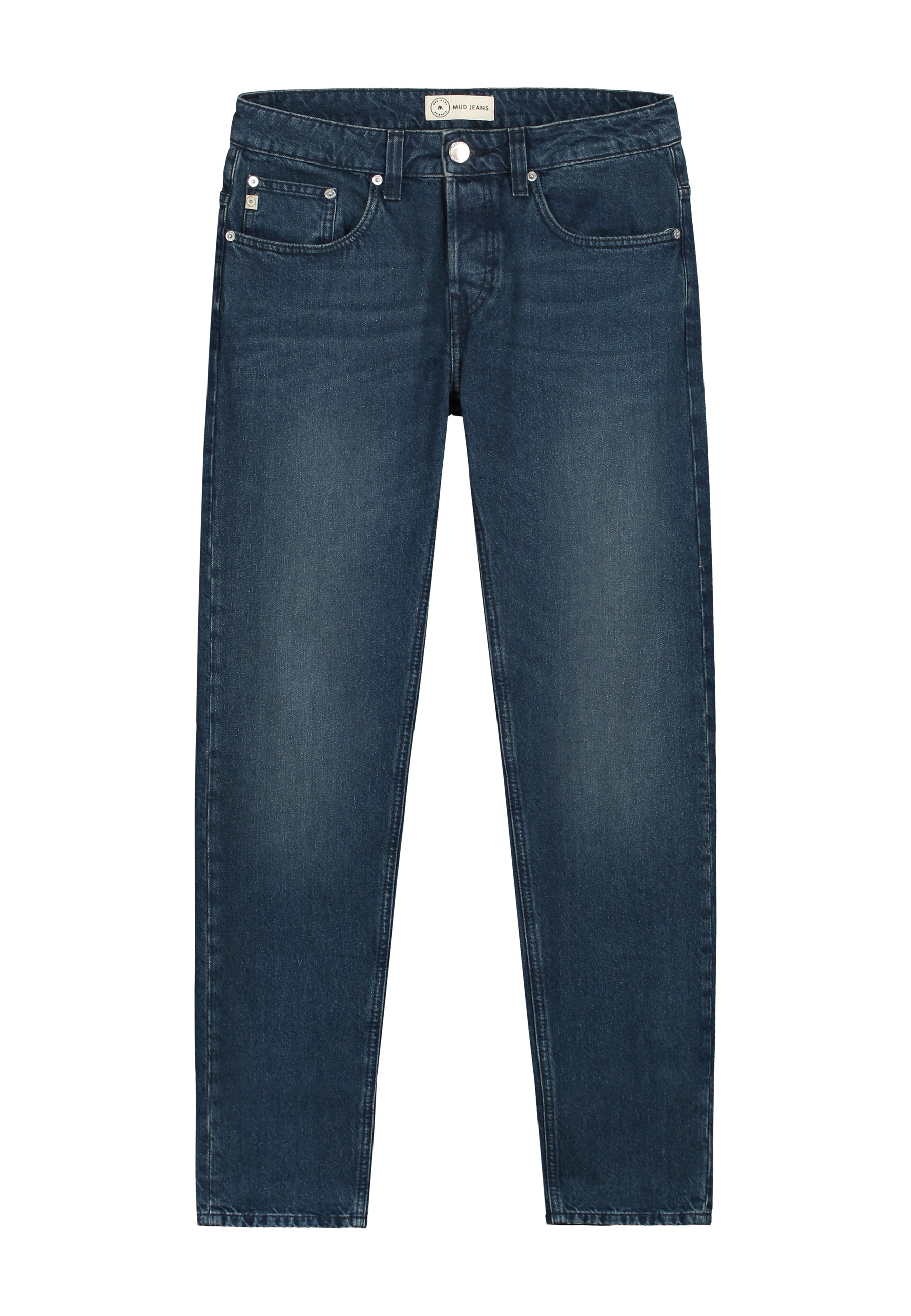 Sustainable MUD Jeans in dark blue denim, made from ethical materials, showcased with a white shirt.