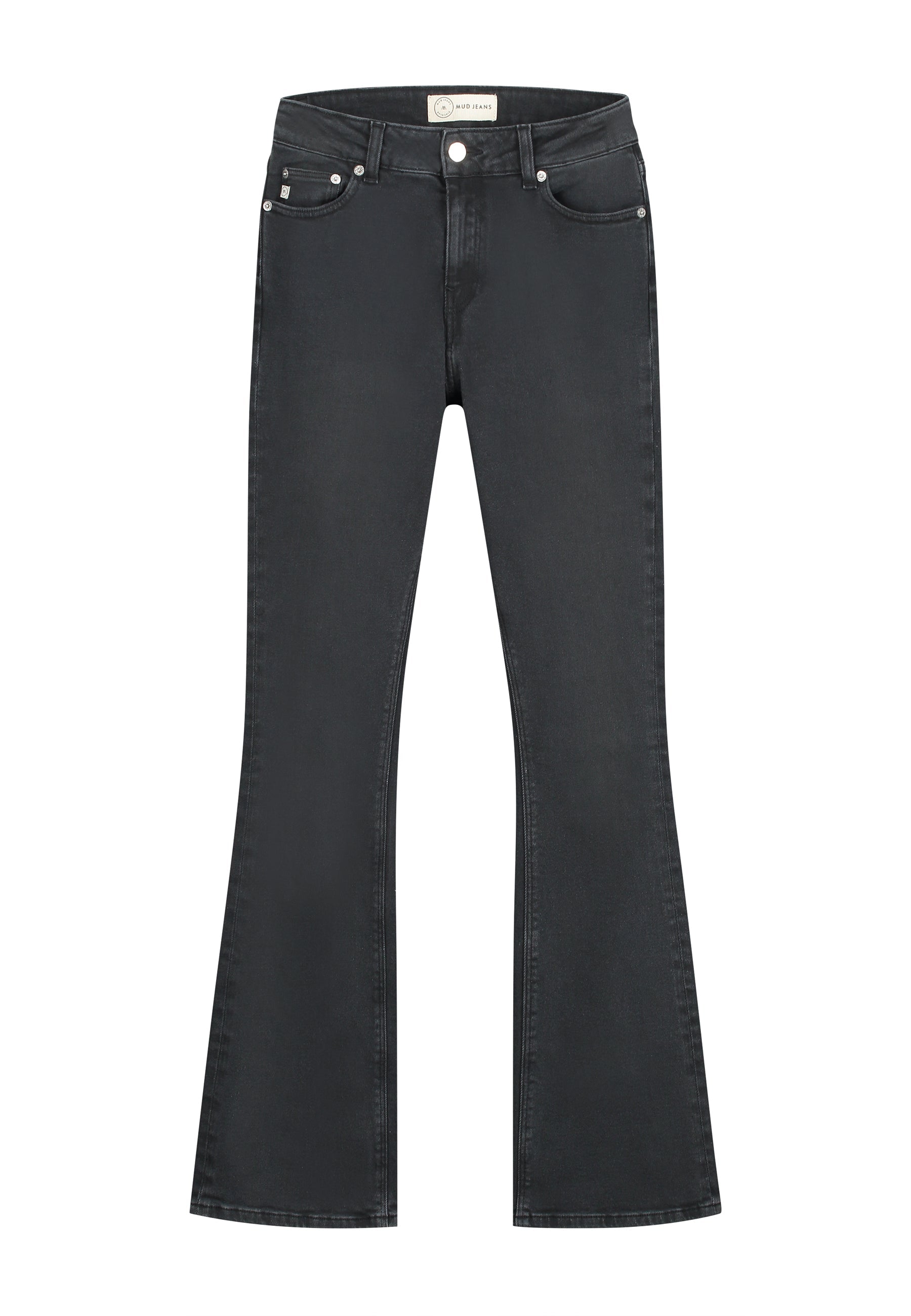 Stylish black flare jeans with a high-rise waist, featuring a classic five-pocket design, perfect for versatile fashion looks.