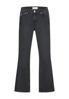 Stylish black flare jeans with a high-rise waist, featuring a classic five-pocket design, perfect for versatile fashion looks.