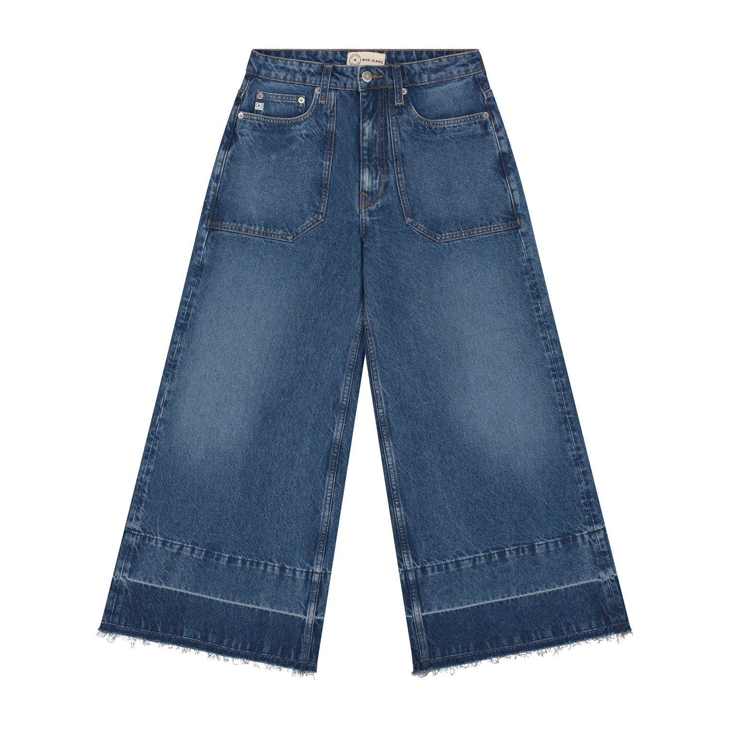 Wide-leg denim jeans featuring a faded blue wash and frayed hem, showcasing a vintage-inspired high-waisted design.