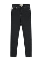Dark black slim-fit denim jeans from MUD Jeans, made from organic cotton, showcasing a classic five-pocket design.