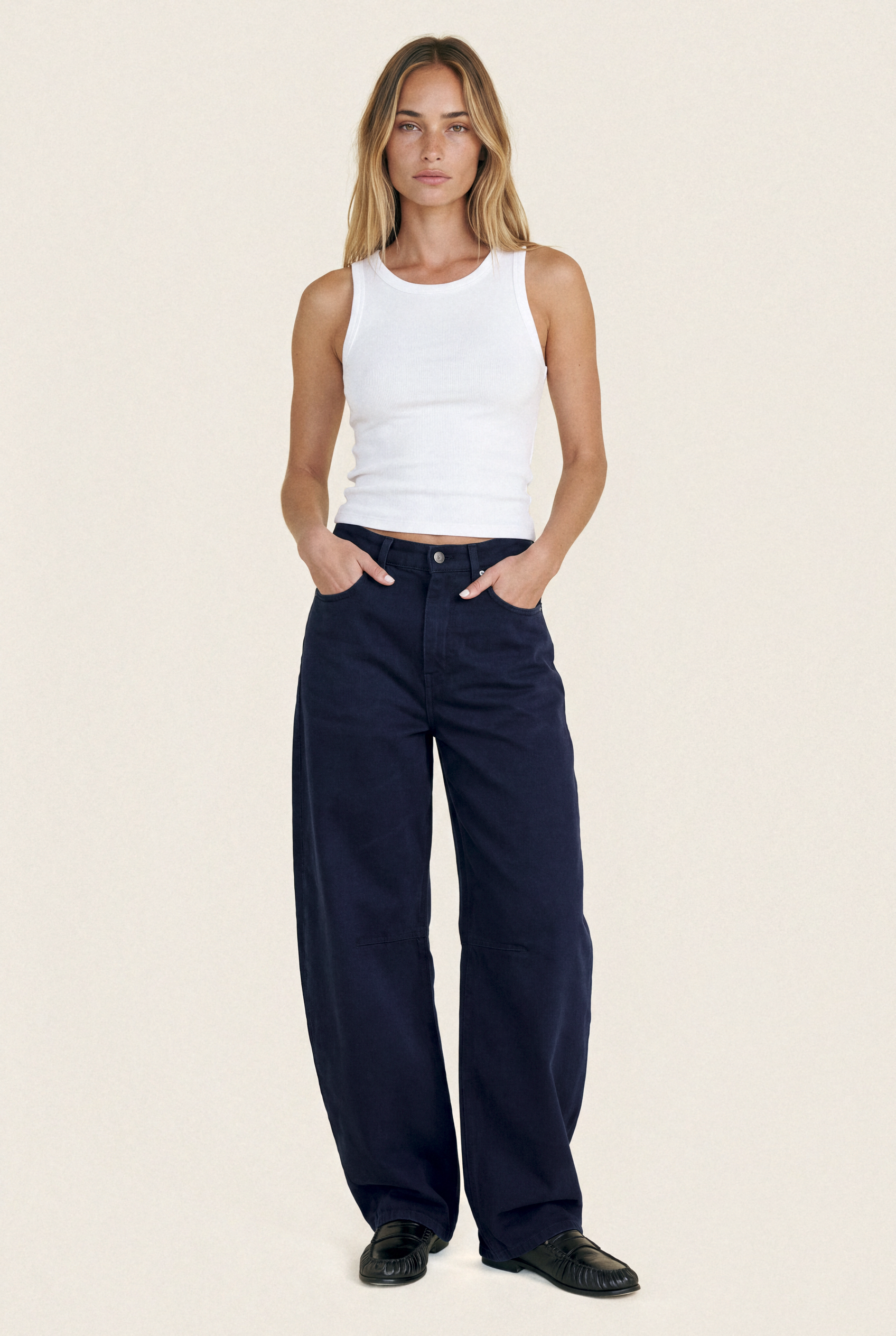 Demi High Balloon Deep Ink – full body front with tank top