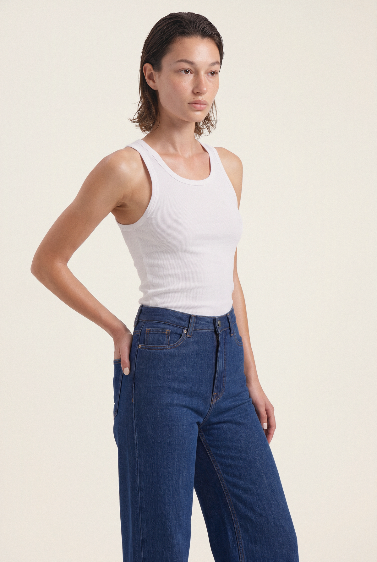 Sara High Loose Flow Stone Indigo – front 3/4 view