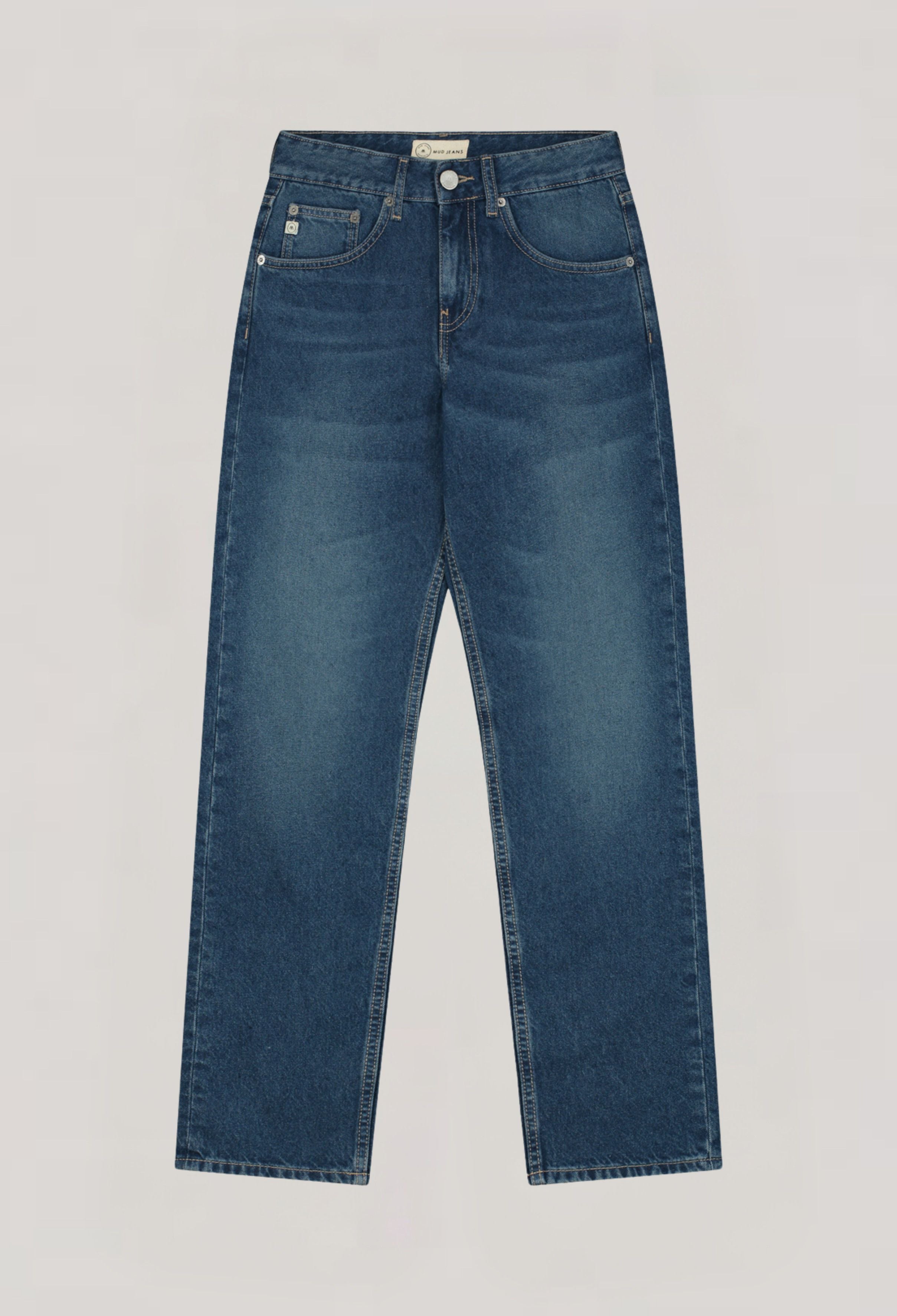 Classic denim jeans in medium blue with a straight-leg cut, featuring five pockets and button closure.