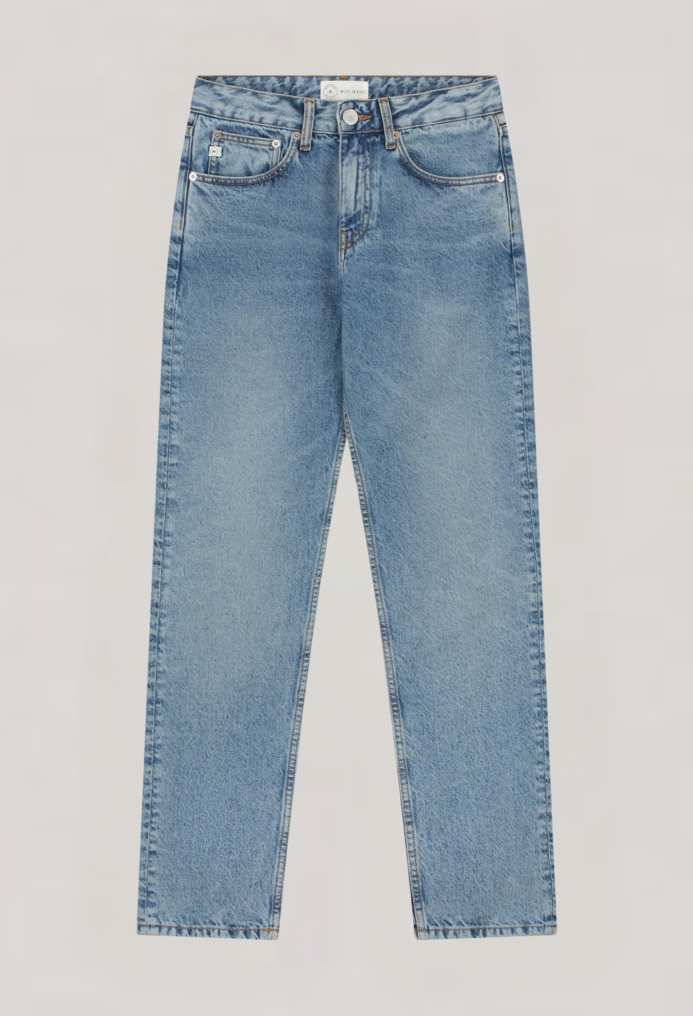 Stylish light blue, straight-leg jeans from MUD Jeans made with sustainable organic cotton, front view on a white background.