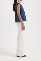 A sleeveless blue denim top paired with white high-waisted, wide-leg jeans, showcasing casual modern fashion.