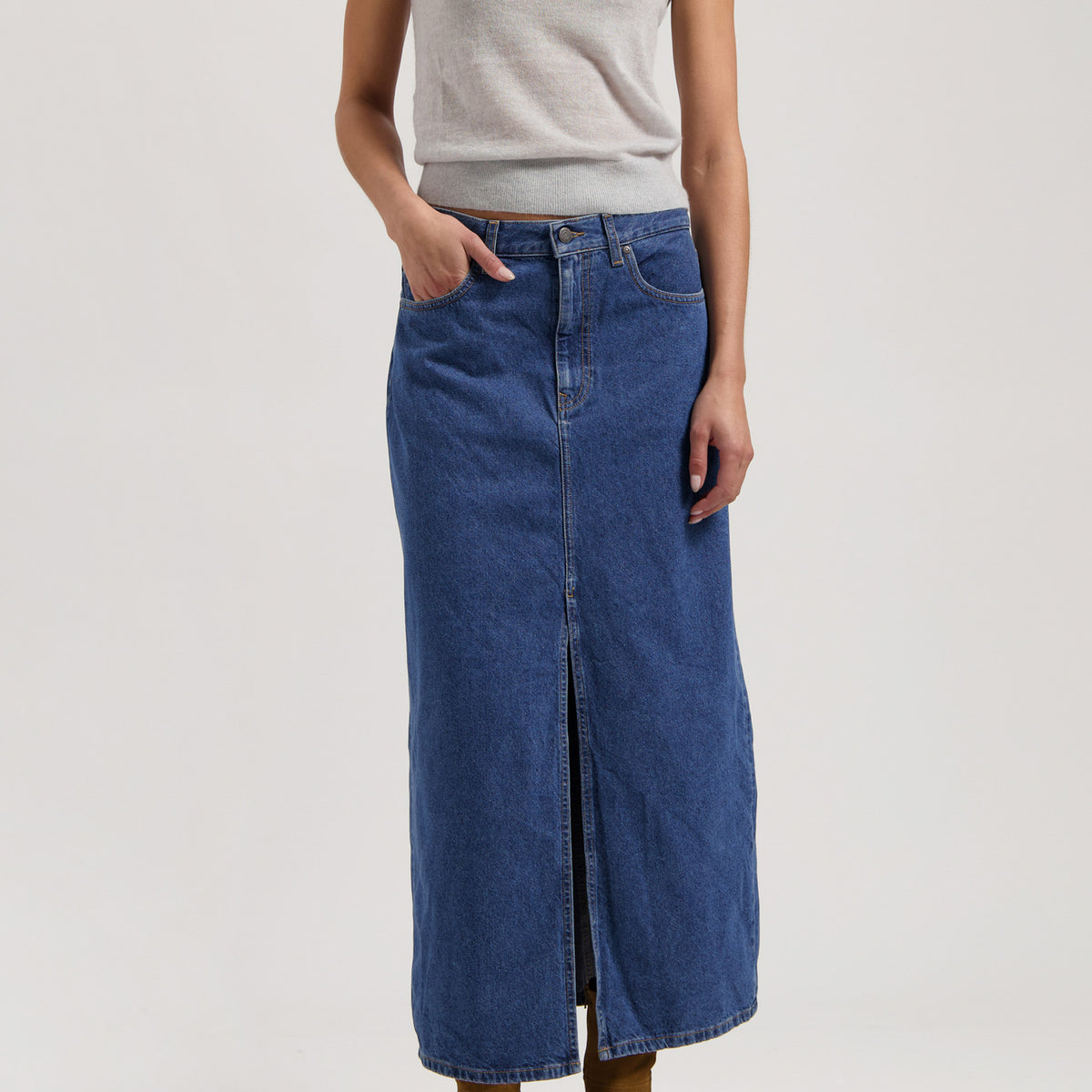 Lena Long Denim Skirt - Medium Stone Wash