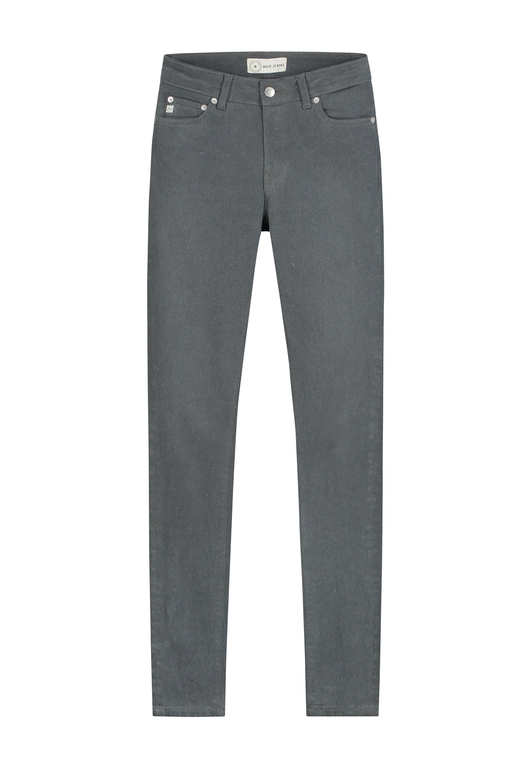 Stylish dark gray slim-fit denim jeans from MUD Jeans, featuring classic five-pocket design and sustainable craftsmanship.