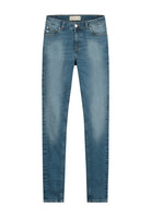 Classic blue denim jeans made from organic cotton, showcasing a slim-fit cut with subtle fading and full-length design.