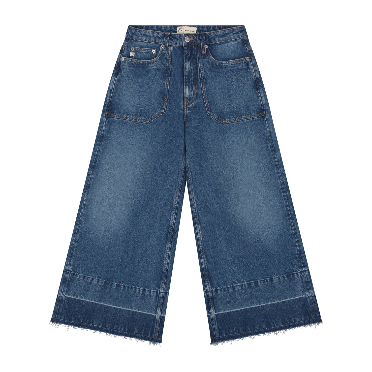 Wide-leg denim jeans featuring a faded blue wash and frayed hem, showcasing a vintage-inspired high-waisted design.