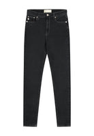 Dark black slim-fit denim jeans from MUD Jeans, made from organic cotton, showcasing a classic five-pocket design.
