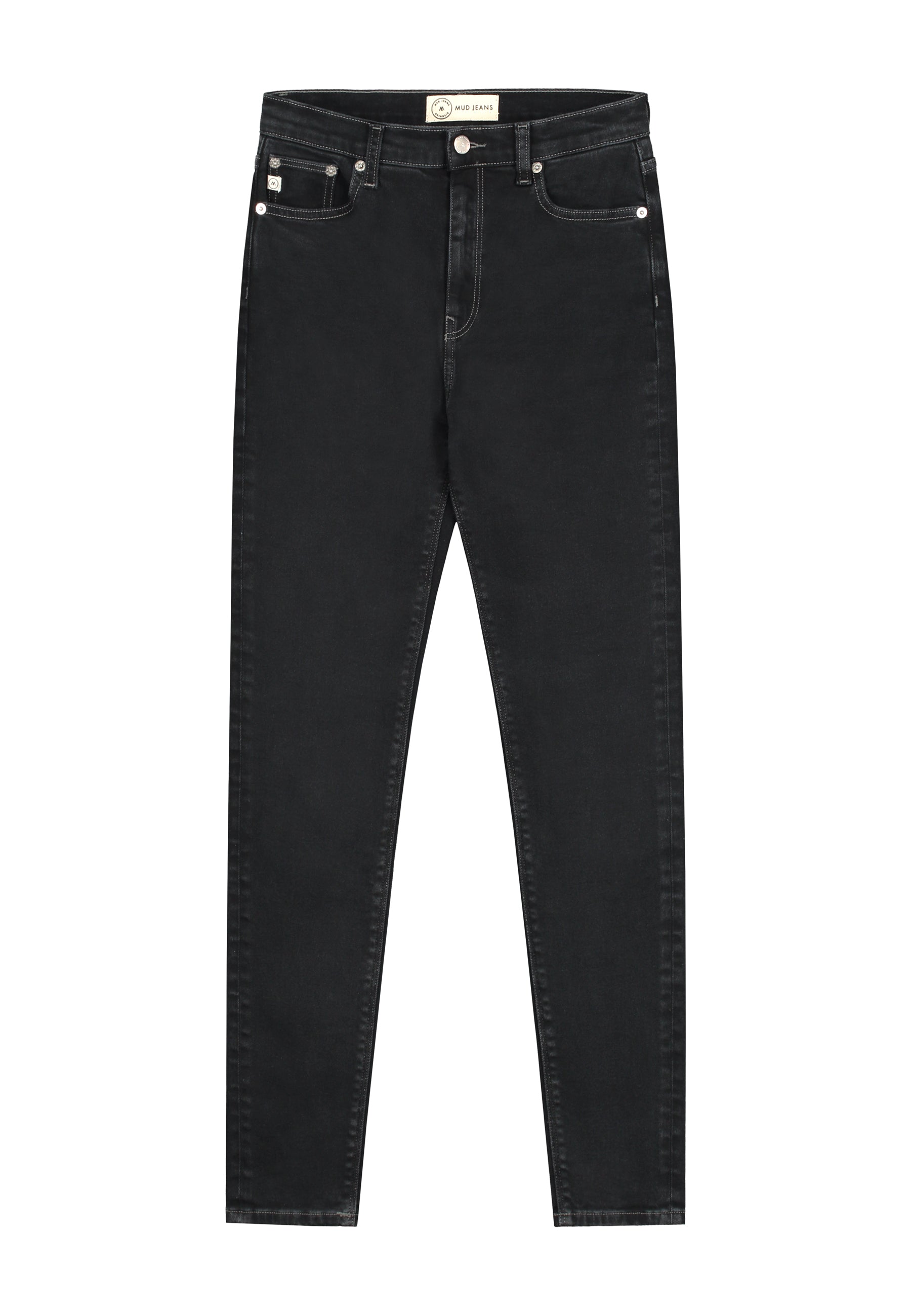 Dark black slim-fit denim jeans from MUD Jeans, made from organic cotton, showcasing a classic five-pocket design.